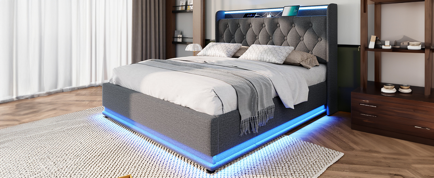 Grey upholstered bed with tufted headboard and LED lighting