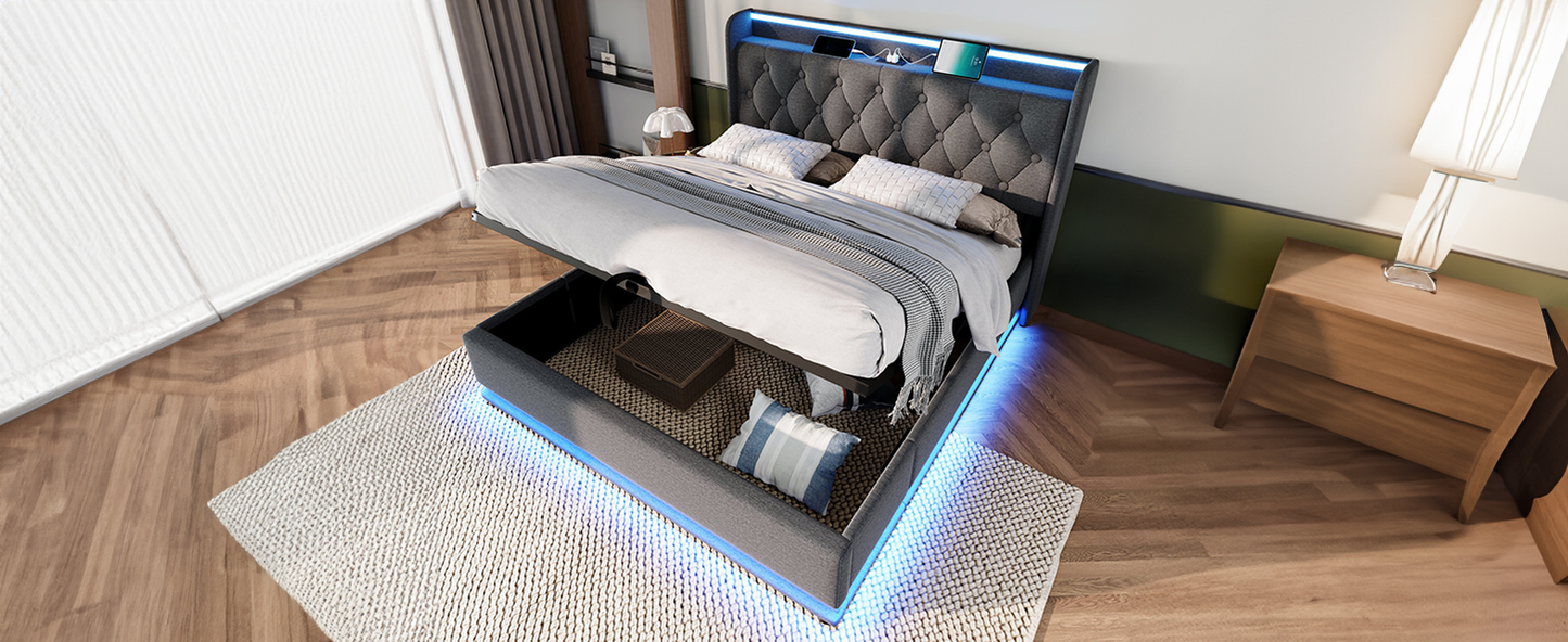 Modern grey upholstered storage bed with builtin LED lights and USB charging ports