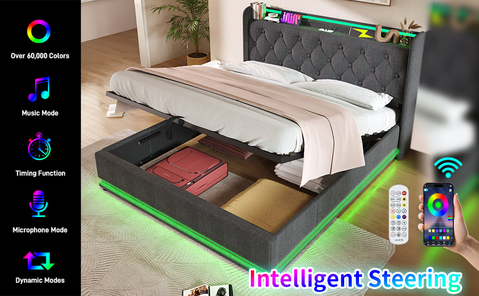 Dark grey tufted upholstered bed with RGB LED lighting and underbed storage