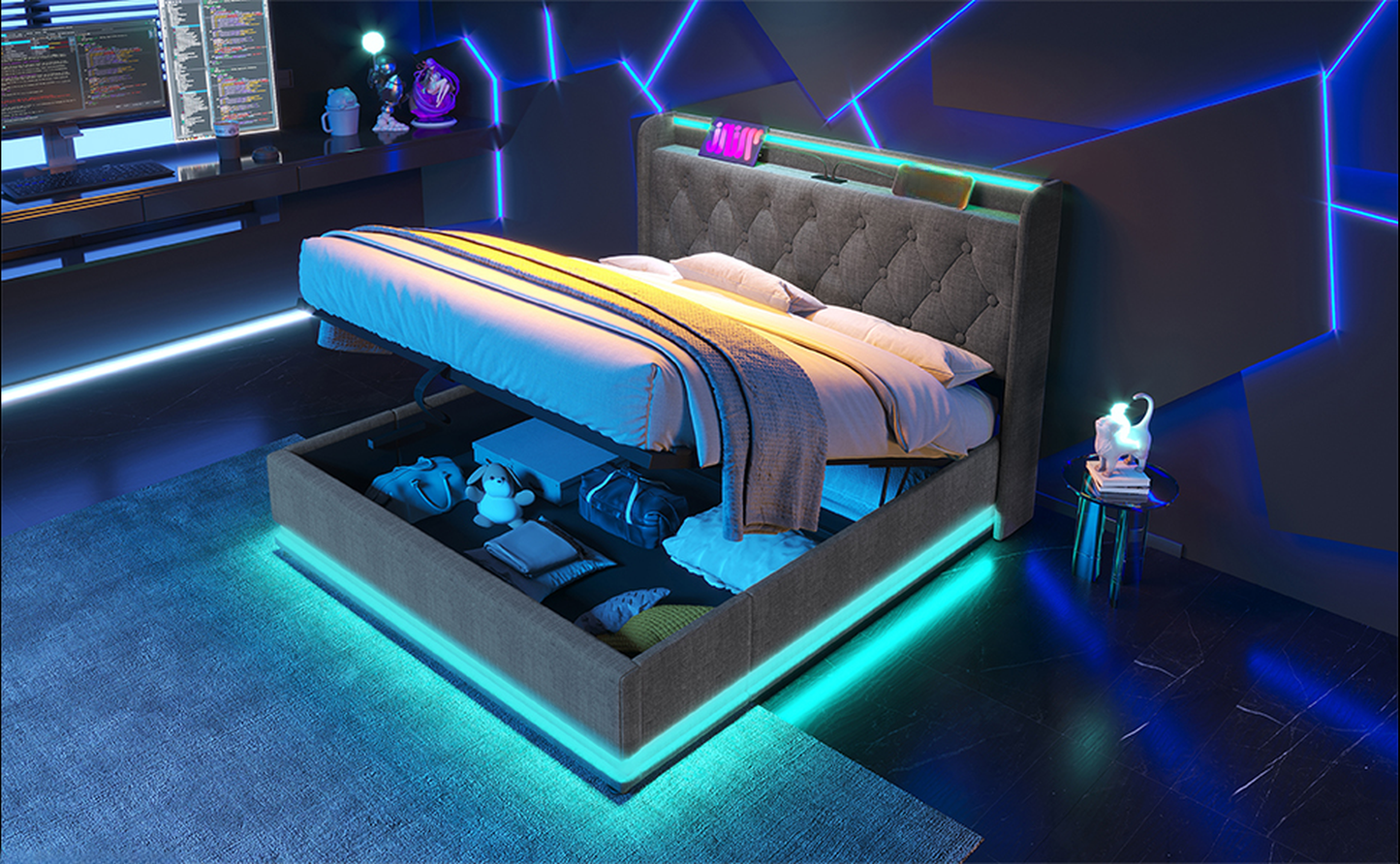 Tufted upholstered bed with liftup storage and integrated LED lighting in a modern bedroom