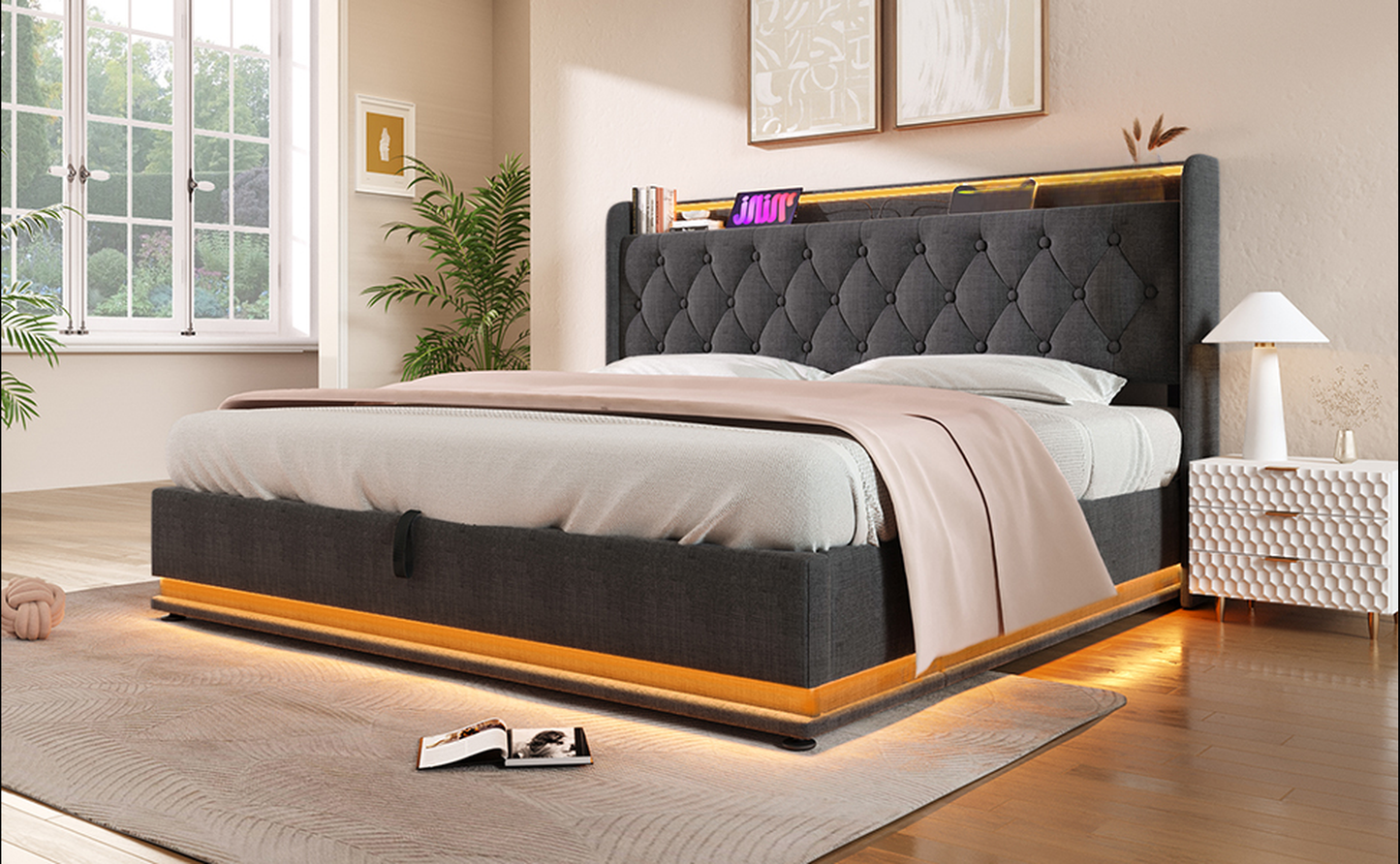 Dark grey upholstered bed frame with tufted headboard and builtin LED lighting