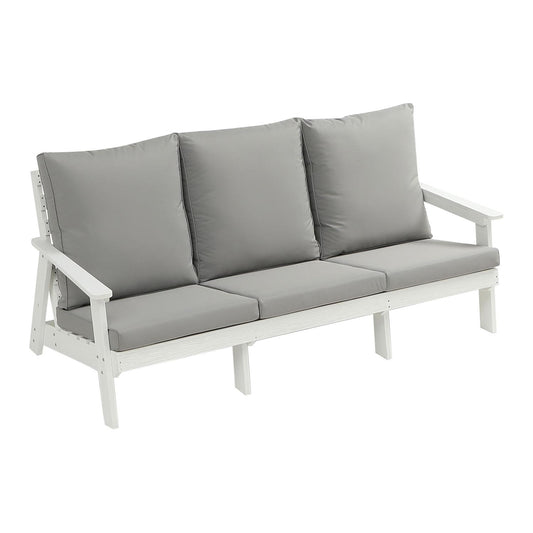 White wood outdoor sofa with grey cushions perfect for patio seating