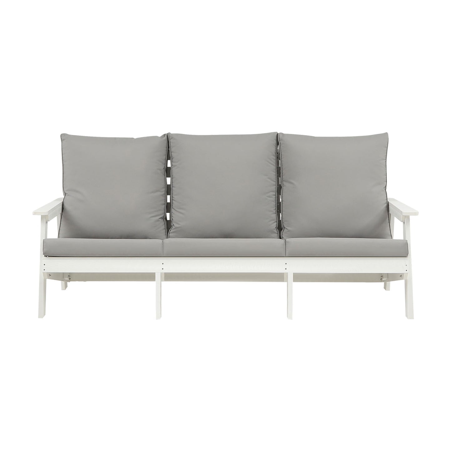 White outdoor loveseat with three grey seat cushions and three back cushions