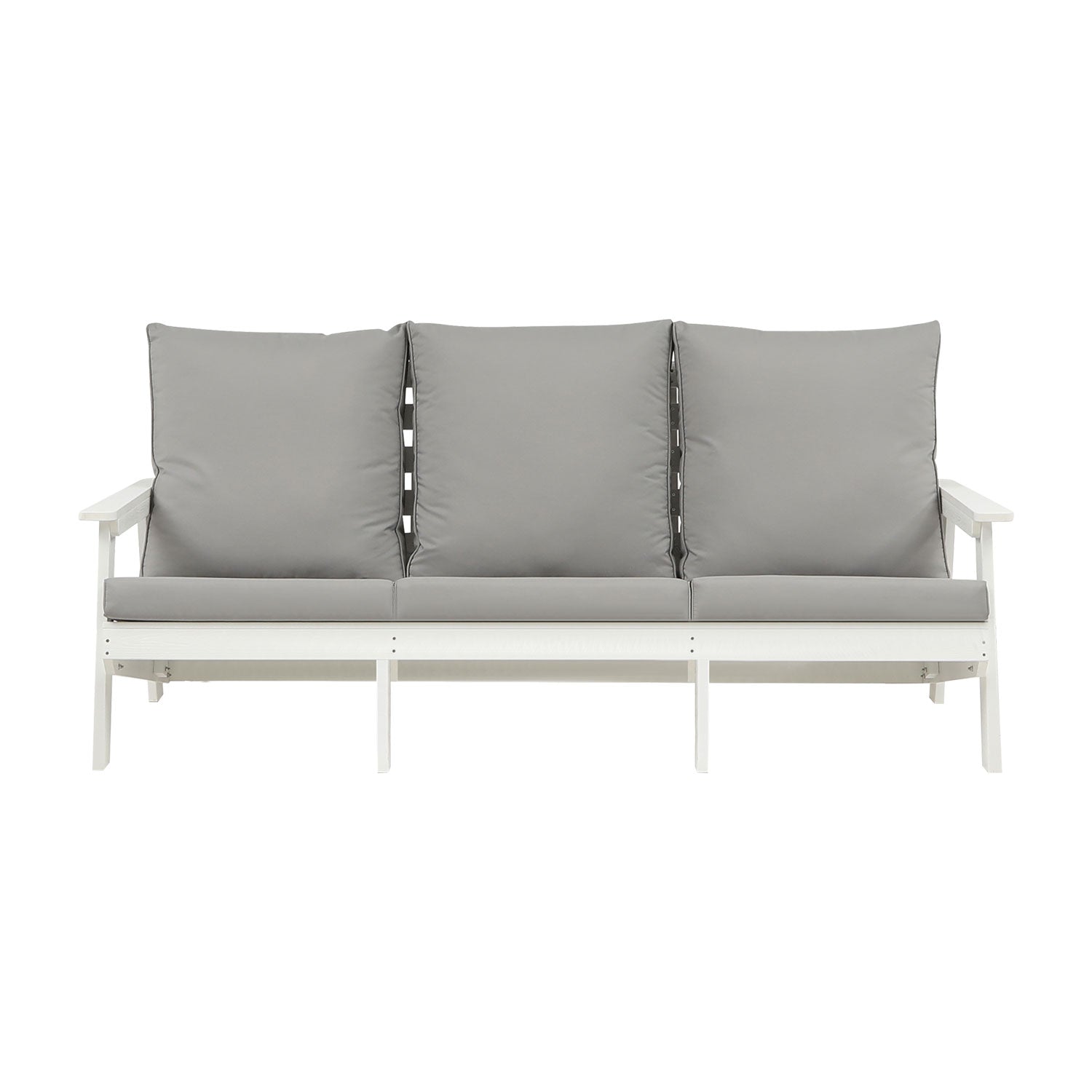 White outdoor loveseat with three grey seat cushions and three back cushions