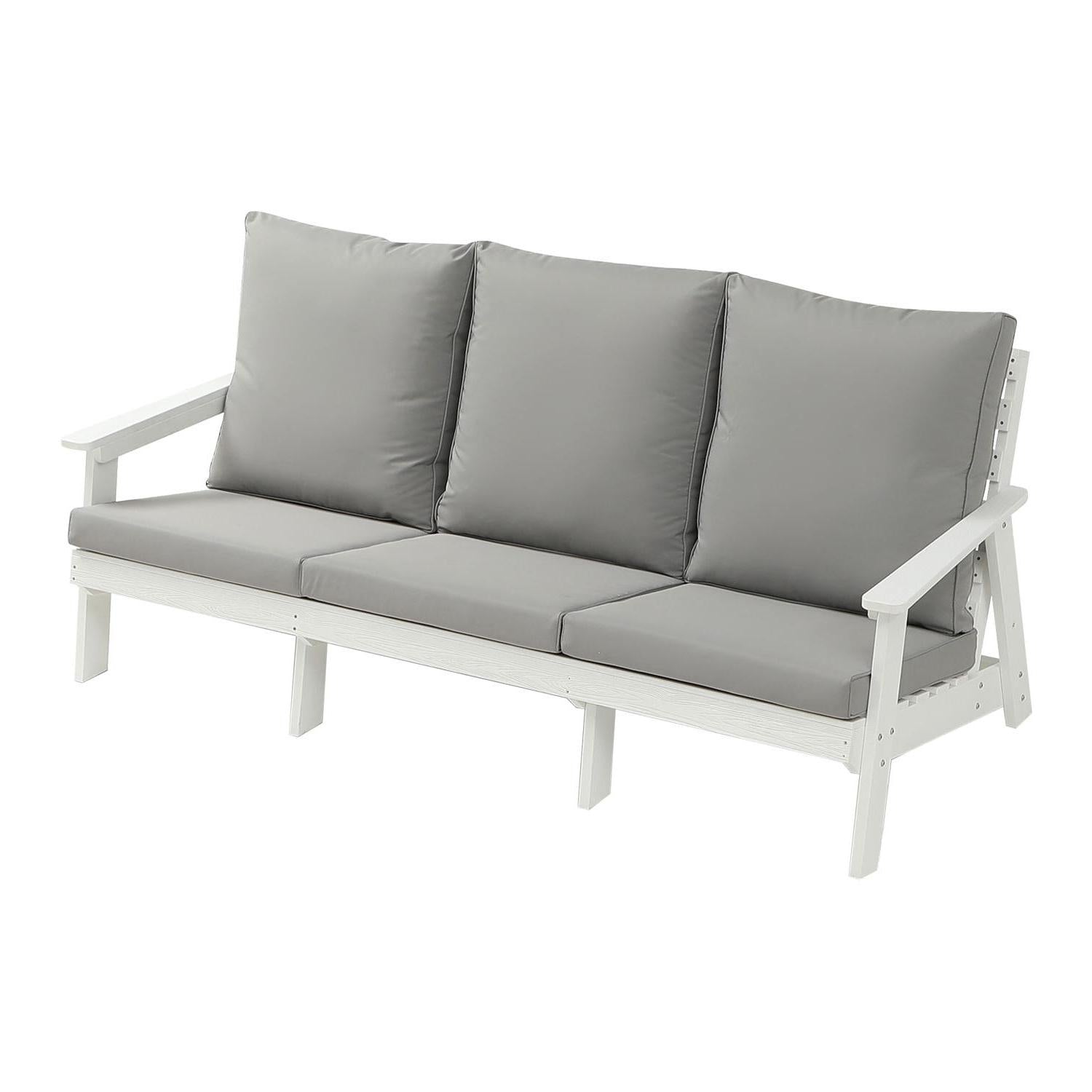 White Adirondack loveseat with grey cushions for outdoor relaxation
