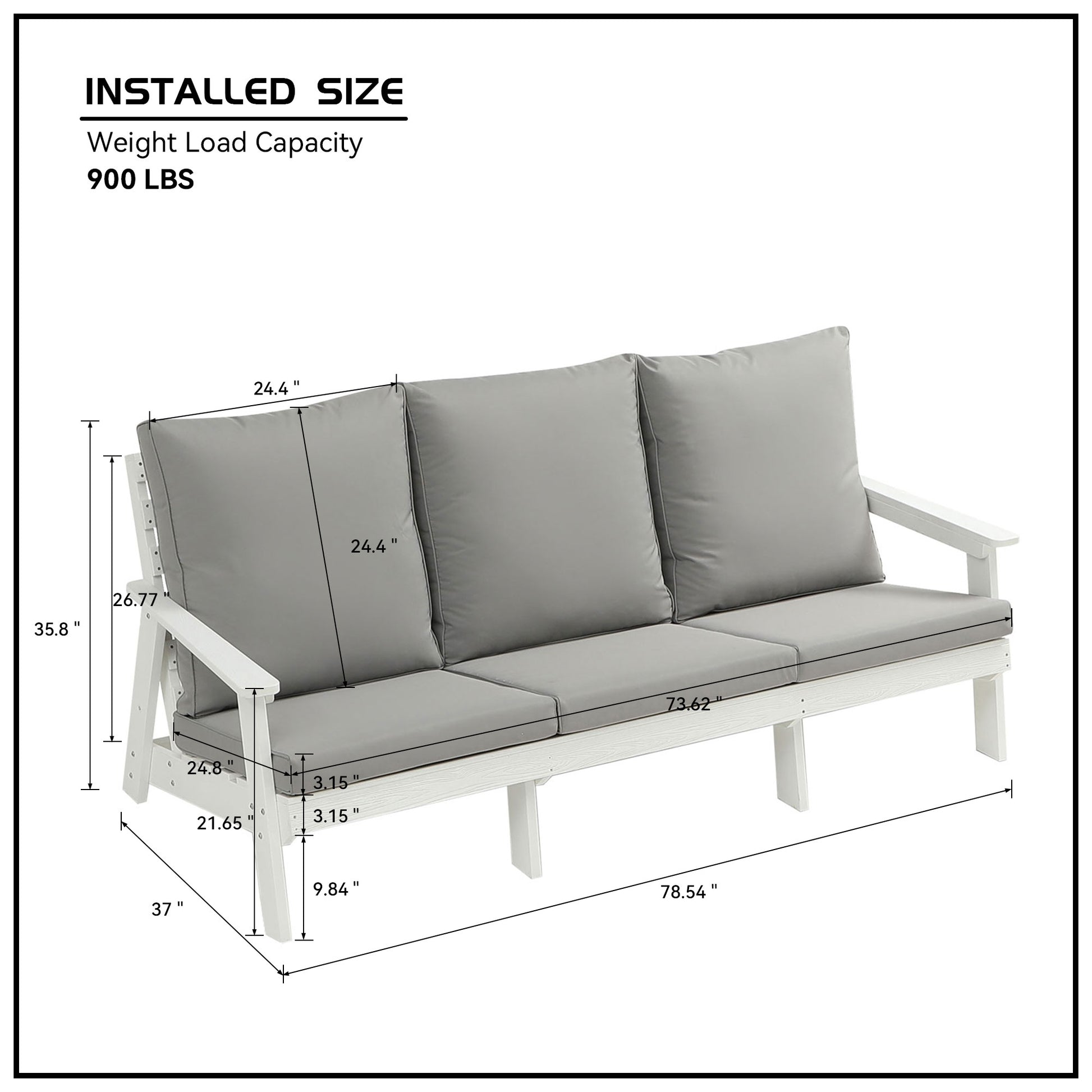 White outdoor sofa with grey cushions dimensions  L x  D x  H