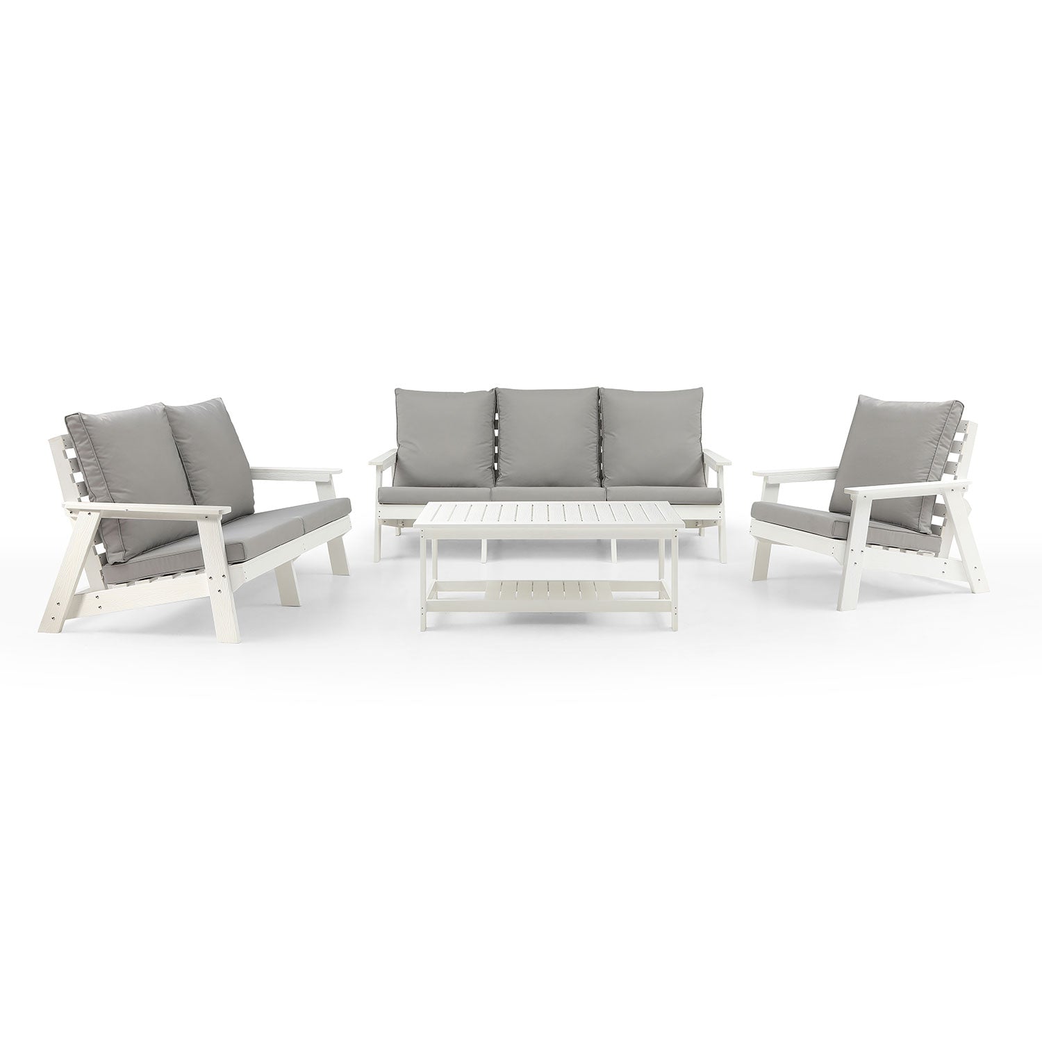 White wood patio furniture set with grey cushions including sofa chairs and coffee table