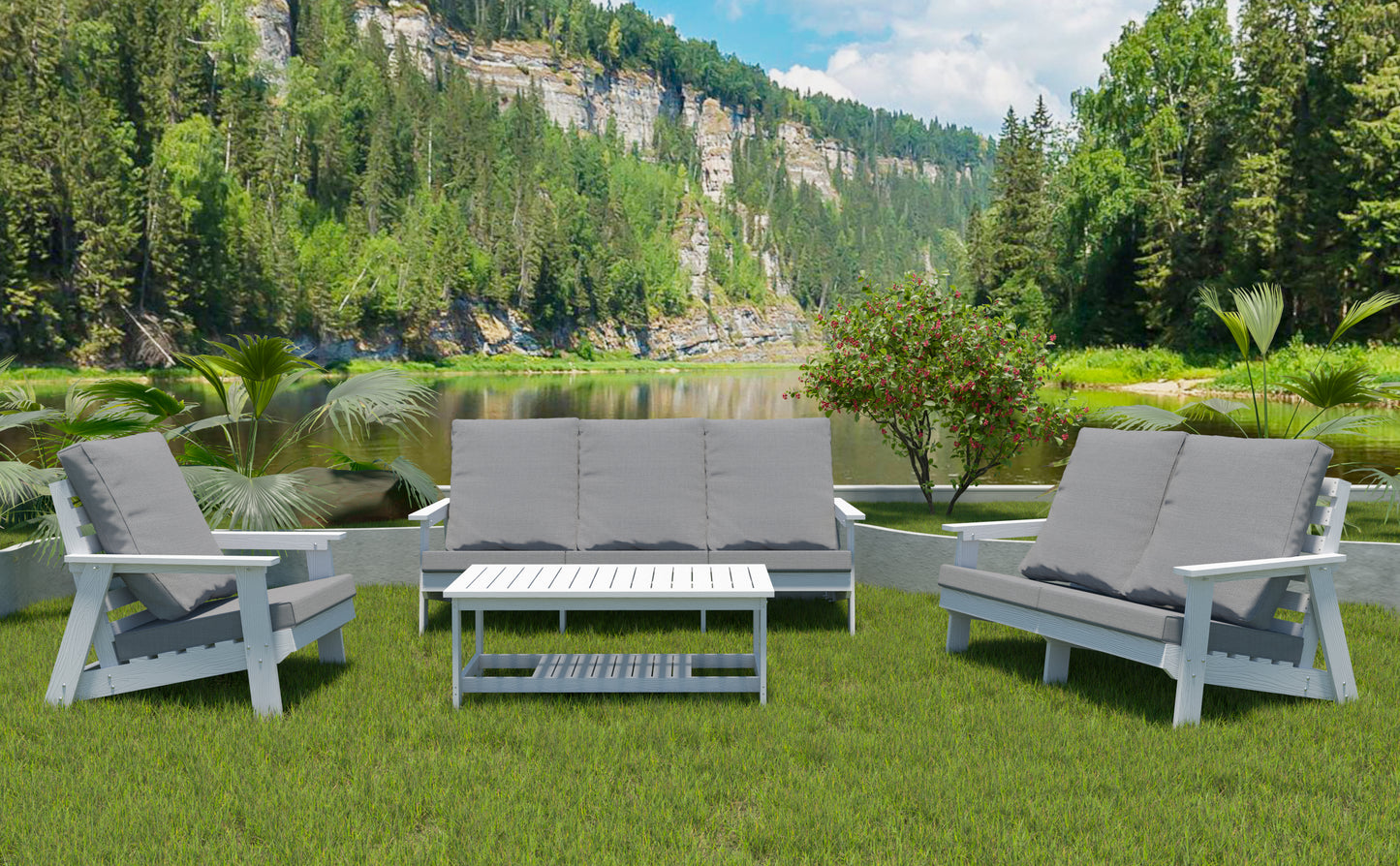White wooden patio sofa with gray cushions and matching armchair and coffee table