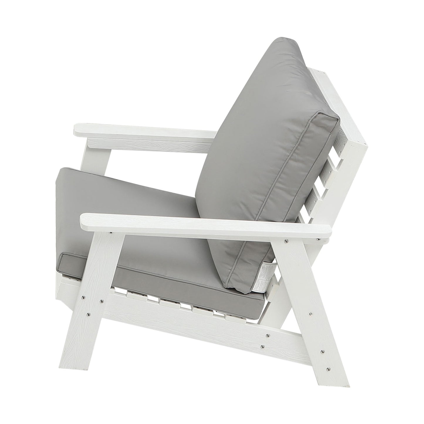 White Adirondack chair with plush grey cushions for outdoor relaxation