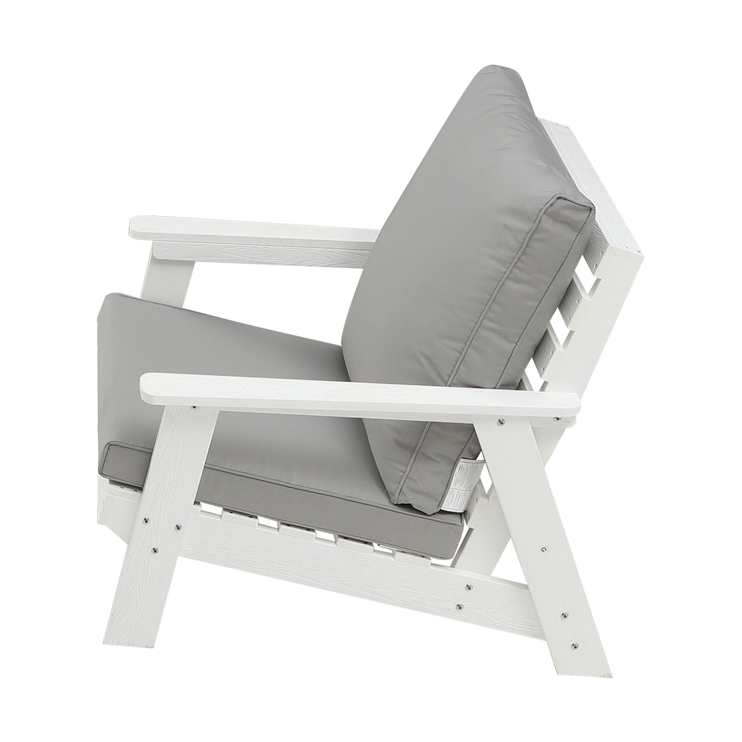 White Adirondack chair with plush grey cushions for outdoor relaxation