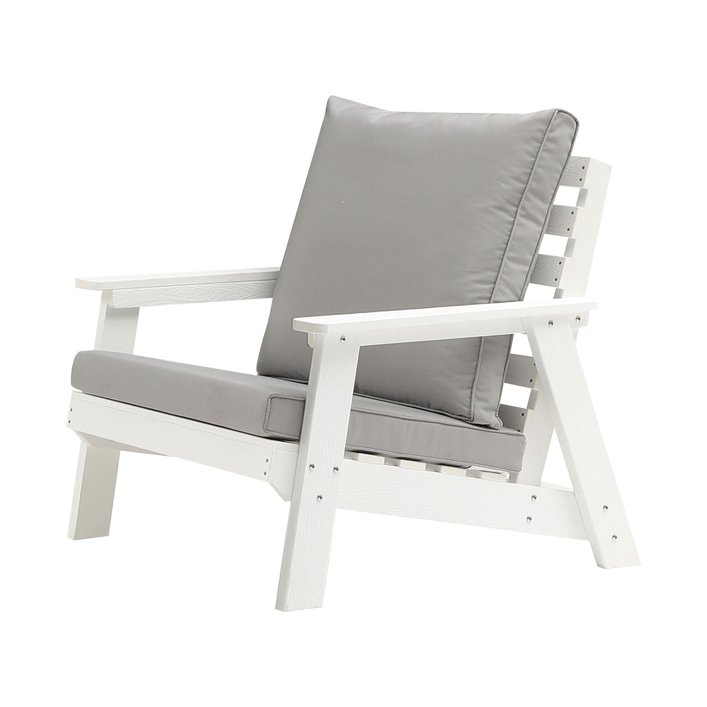 White Adirondack chair with grey cushions perfect for outdoor relaxation
