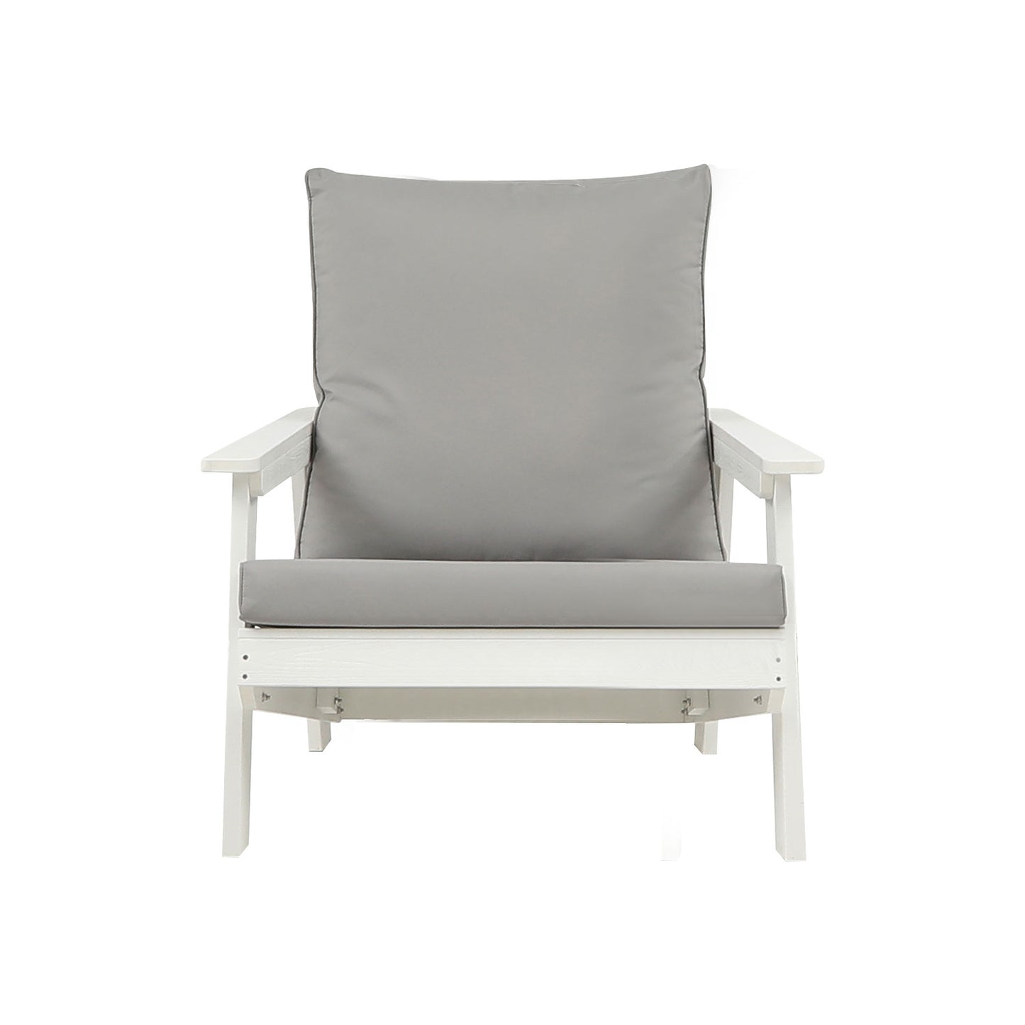 White Adirondack chair with comfortable gray cushions for outdoor relaxation