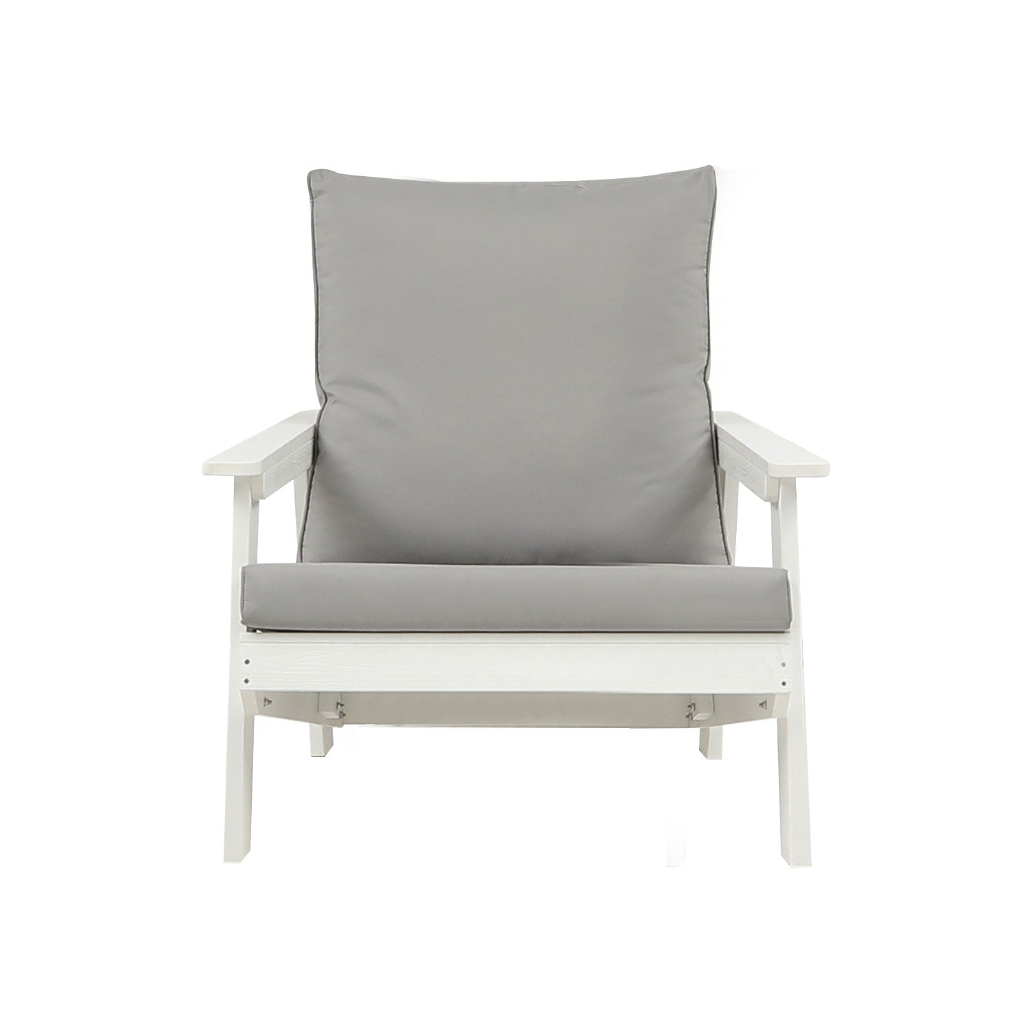 White Adirondack chair with comfortable gray cushions for outdoor relaxation
