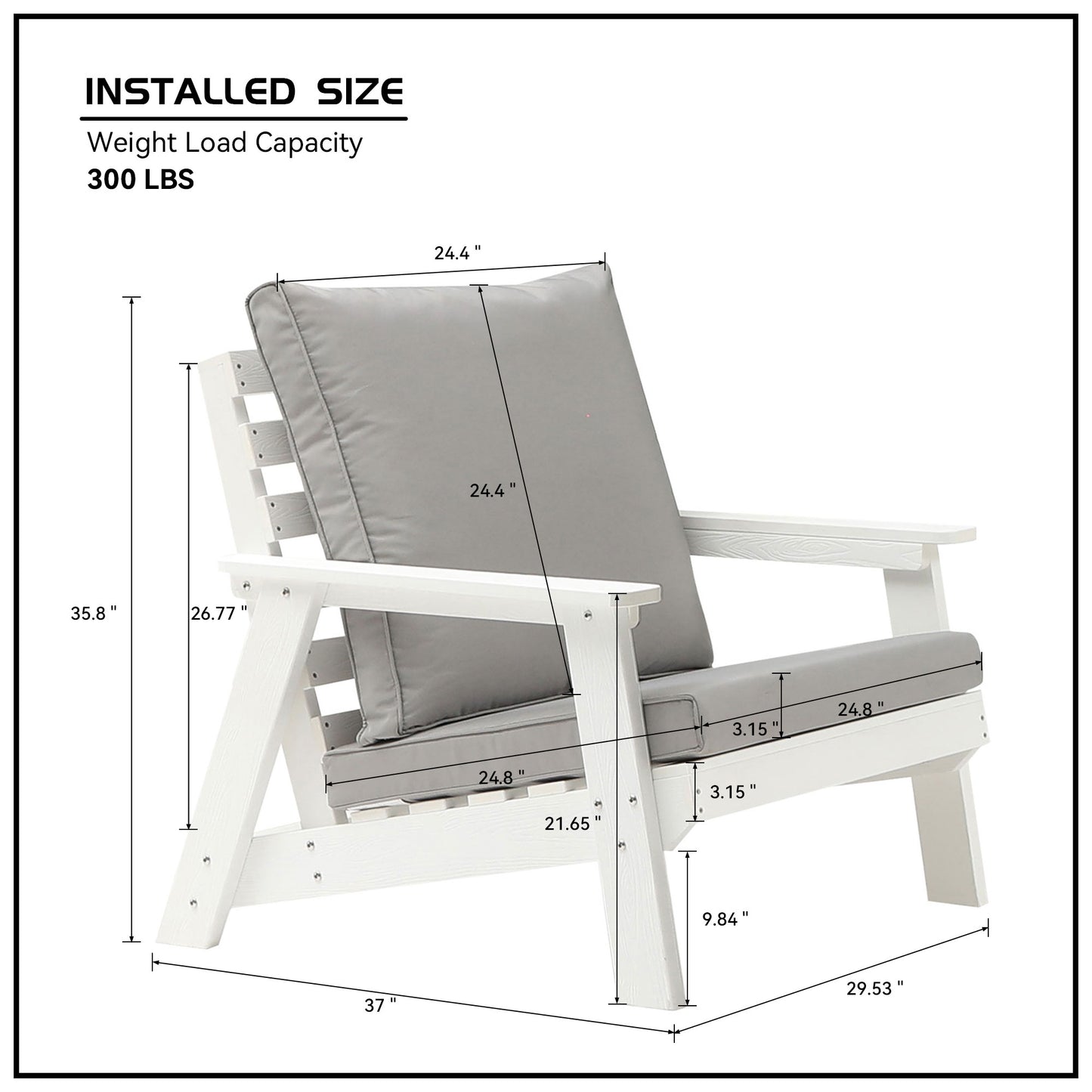 White Adirondack chair with grey cushions perfect for outdoor seating