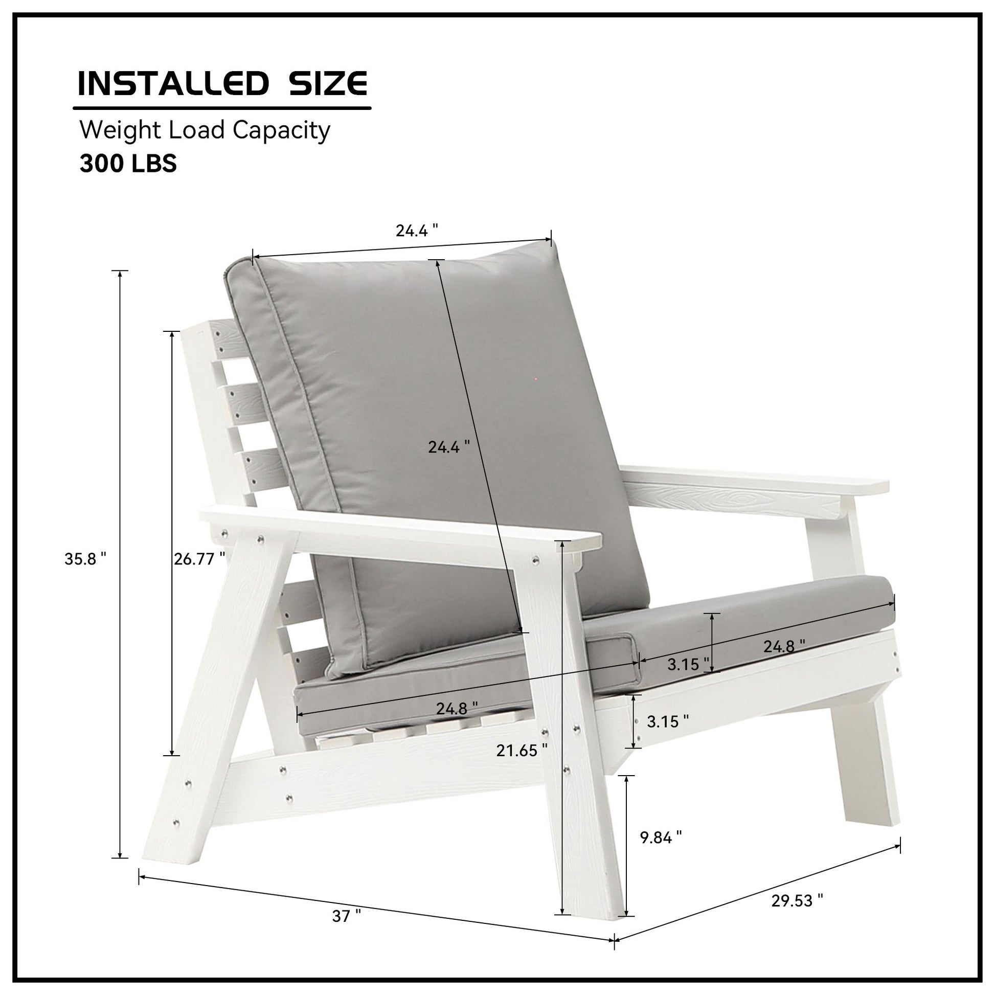 White Adirondack chair with grey cushions perfect for outdoor seating