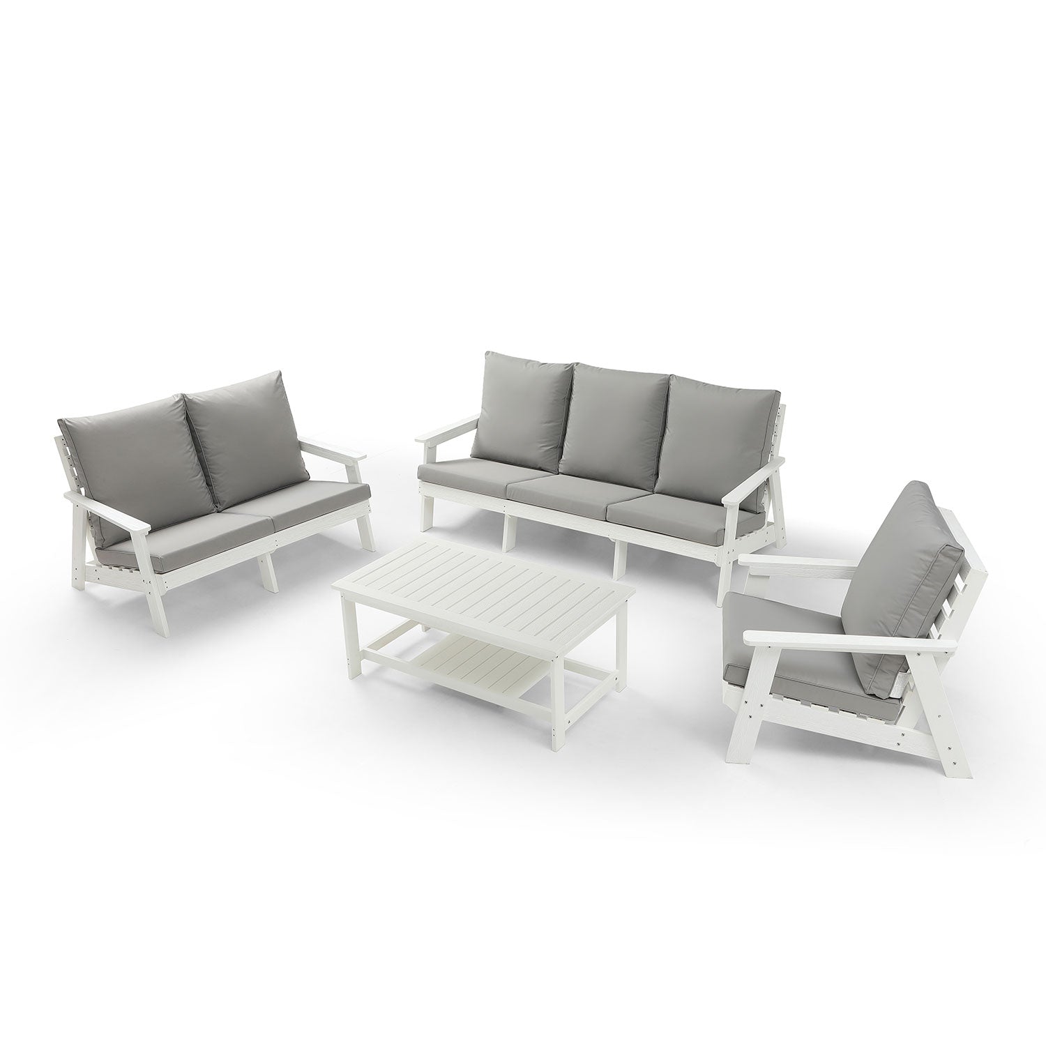 White outdoor patio furniture set with grey cushions