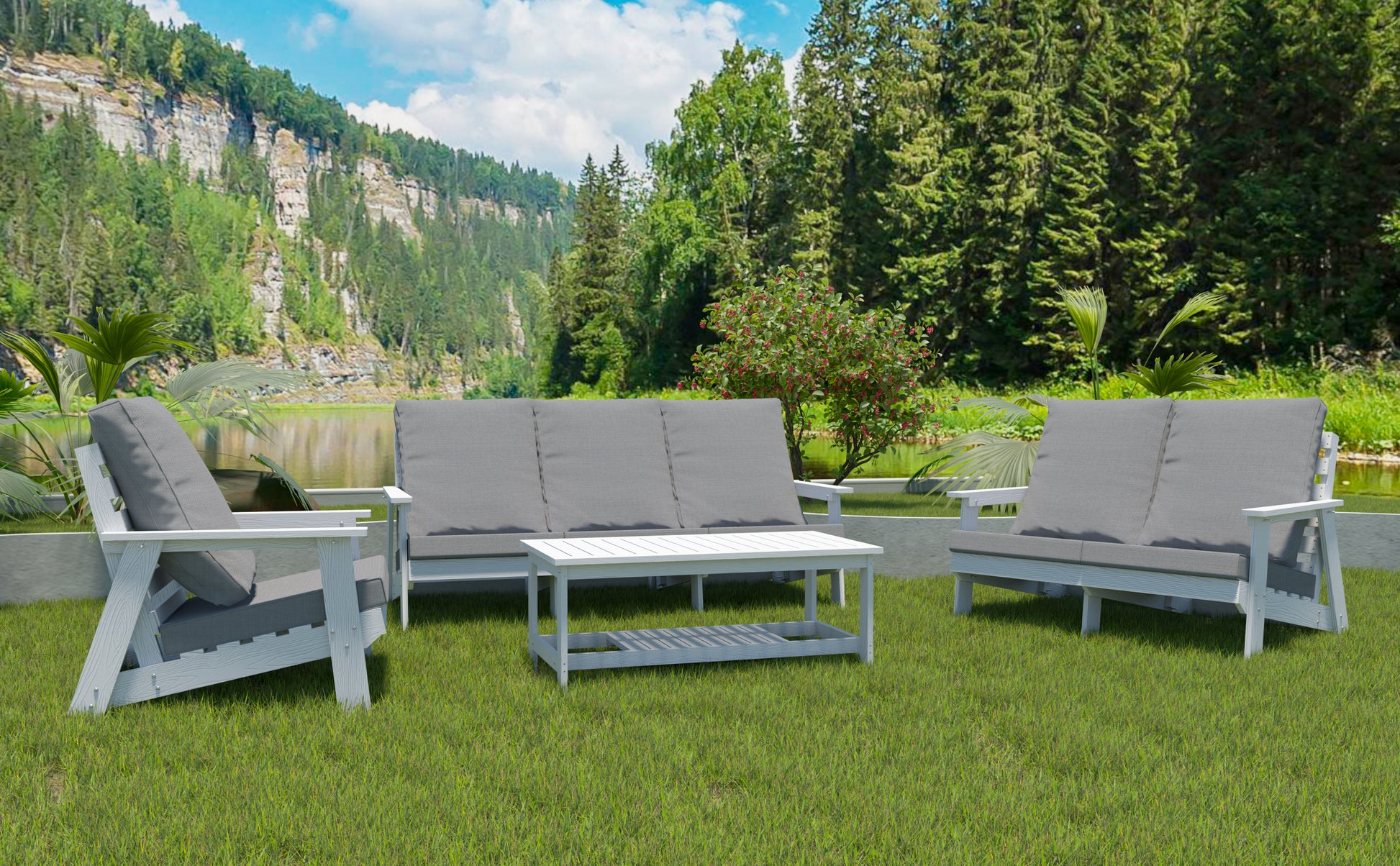 Gray upholstered outdoor furniture set with white frame including sofa and chairs