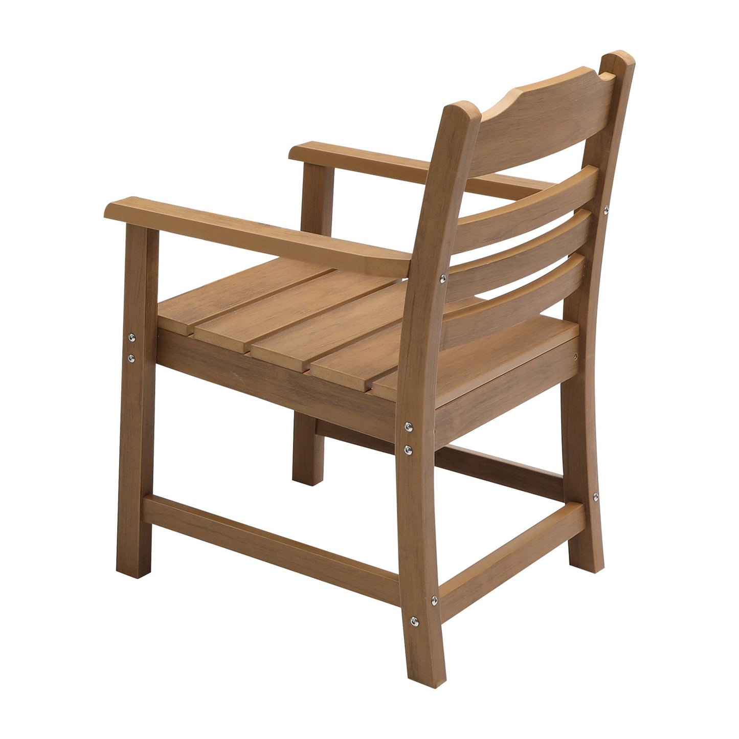 Wooden armchair with slatted seat and curved backrest perfect for patio furniture