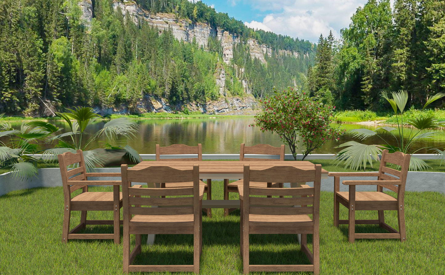 Wooden dining table and six chairs set for outdoor patio dining