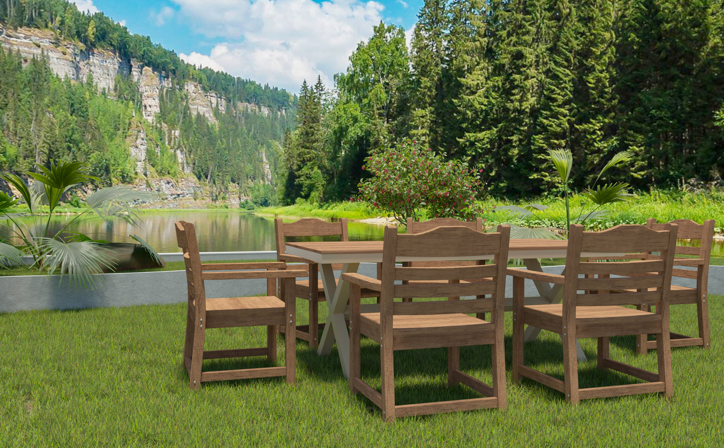 Wooden dining set with table and chairs on a lawn beside a lake