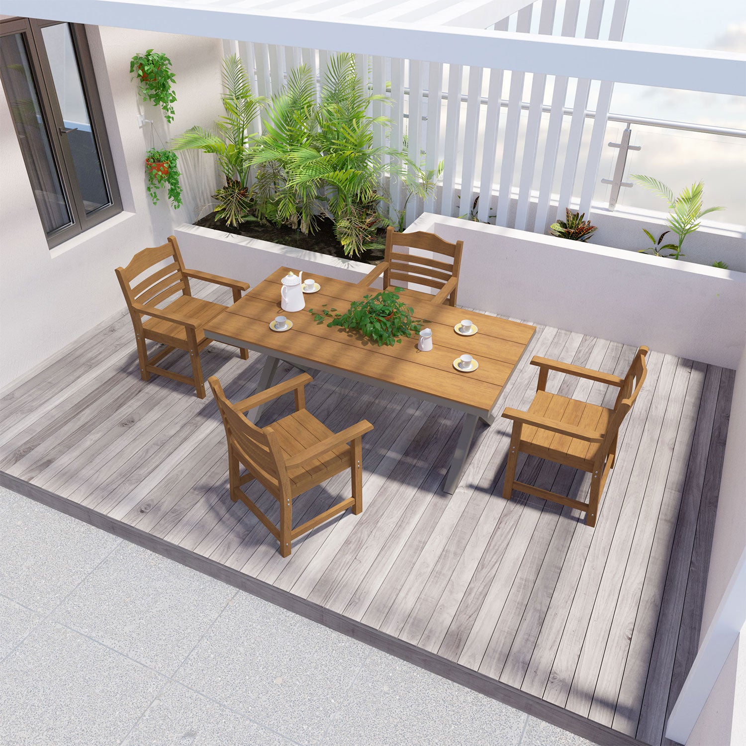 Wooden patio dining set with four chairs and a rectangular table featuring a modern slatted design