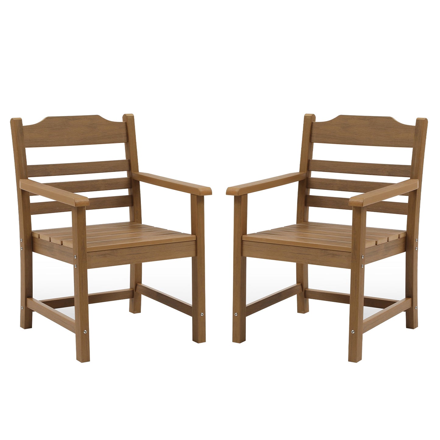 Two brown wooden patio chairs with slatted backs and seats
