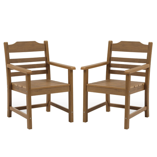 Two brown wooden patio chairs with slatted backs and seats