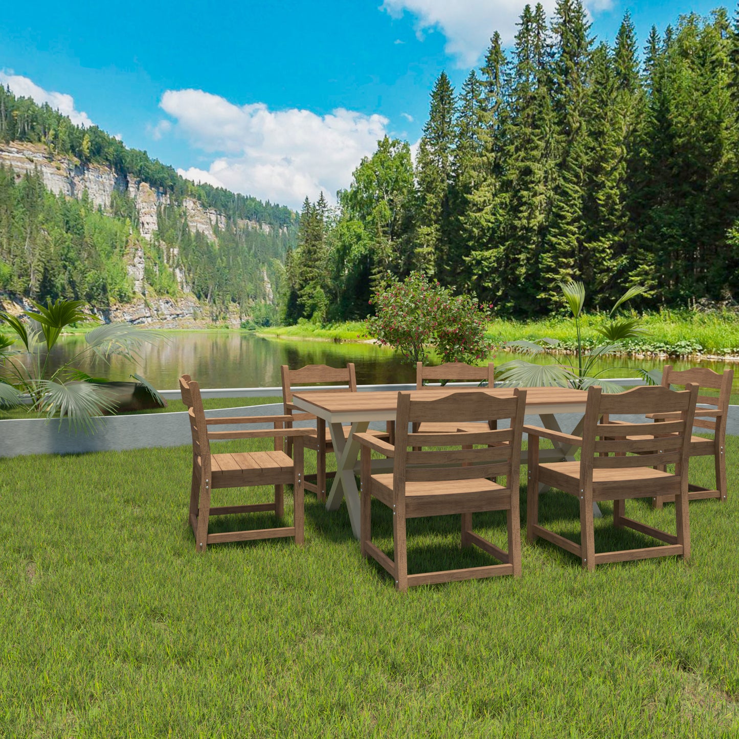 Brown wood patio dining set with chairs and table on lush green grass near a tranquil river