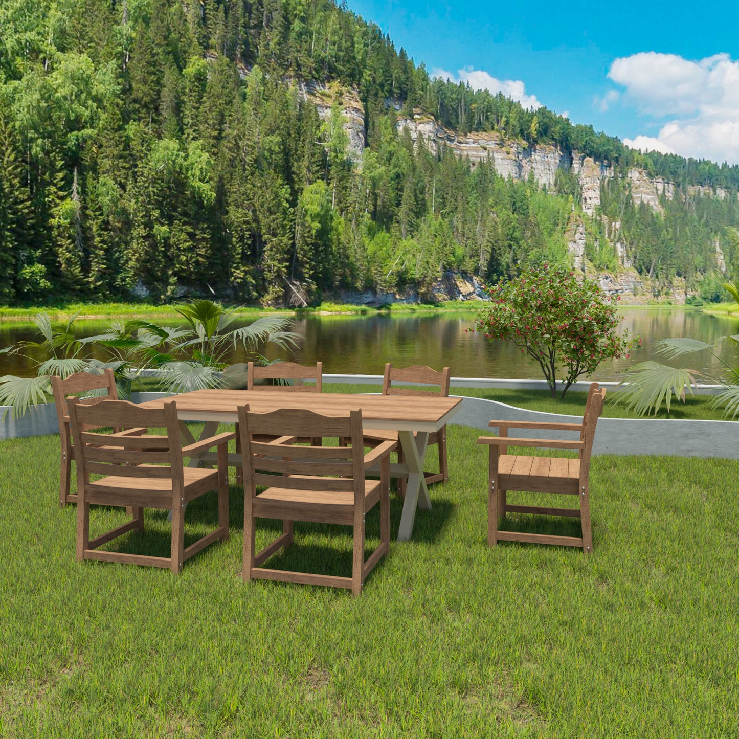 Wooden dining set with chairs and table on a grassy lawn by a lake