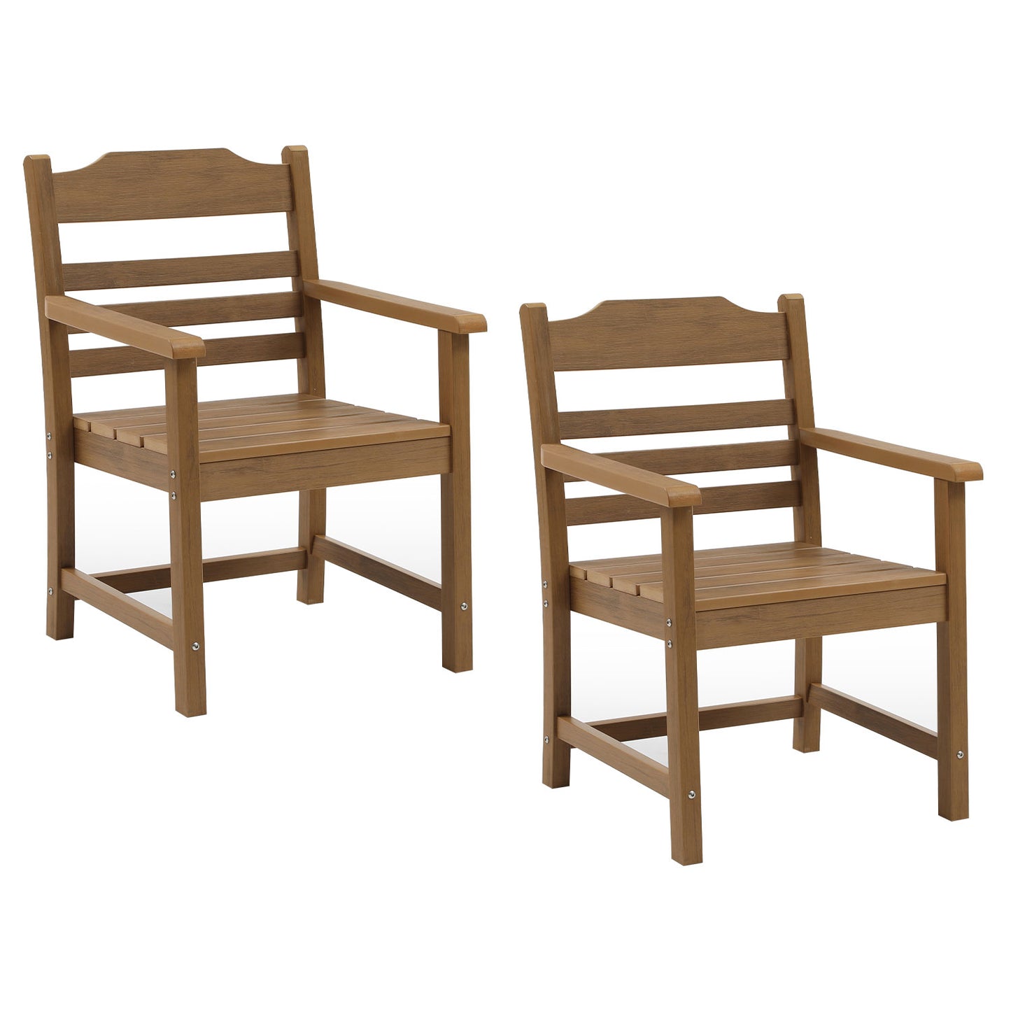 Two brown wooden outdoor armchairs with slatted seats and backs