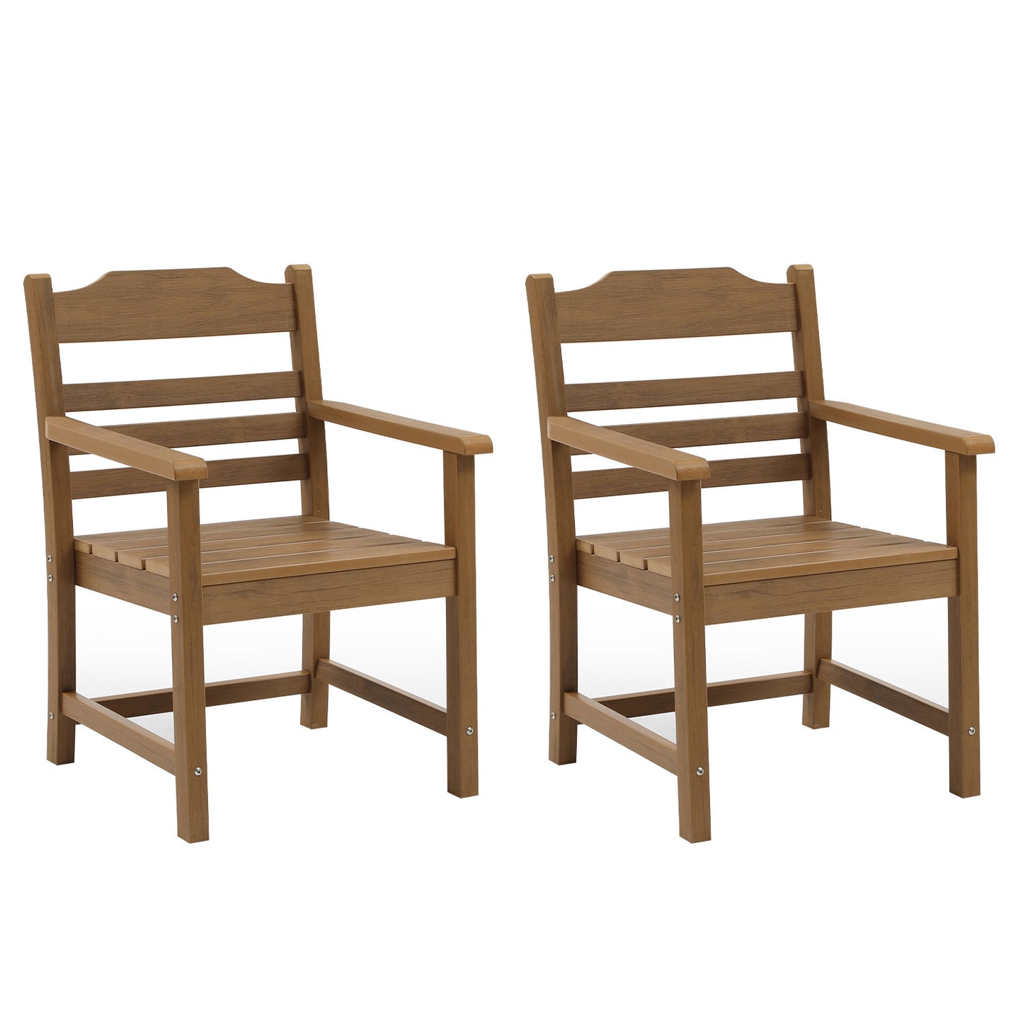 Two brown wooden patio chairs with slatted seats and backs perfect for outdoor seating