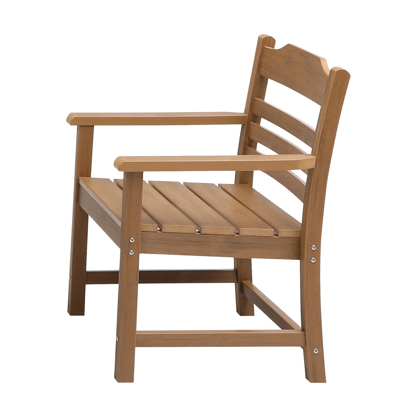 Wooden slatted patio chair with armrests natural wood finish perfect for outdoor seating