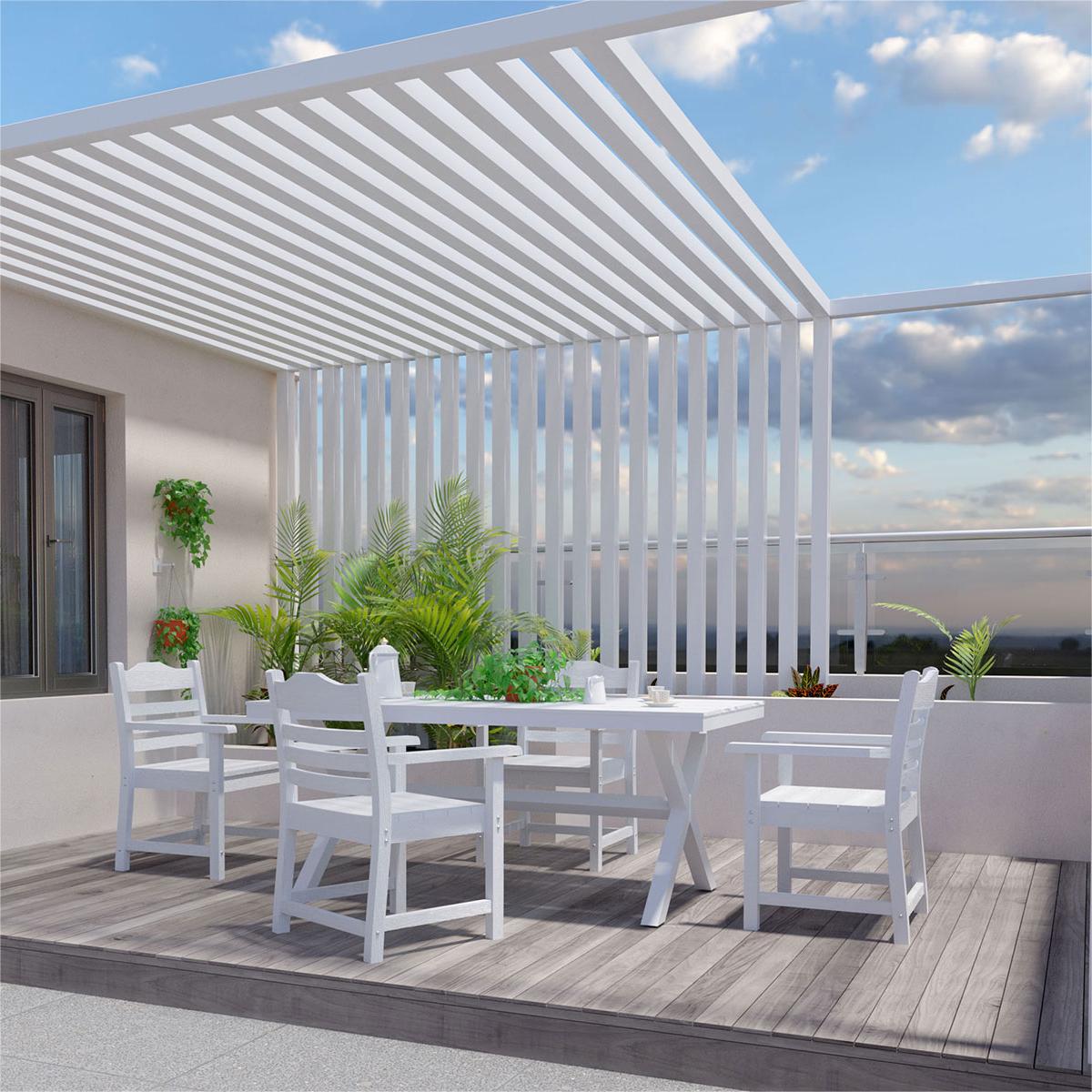 White wooden outdoor dining set with slatted pergola overhead