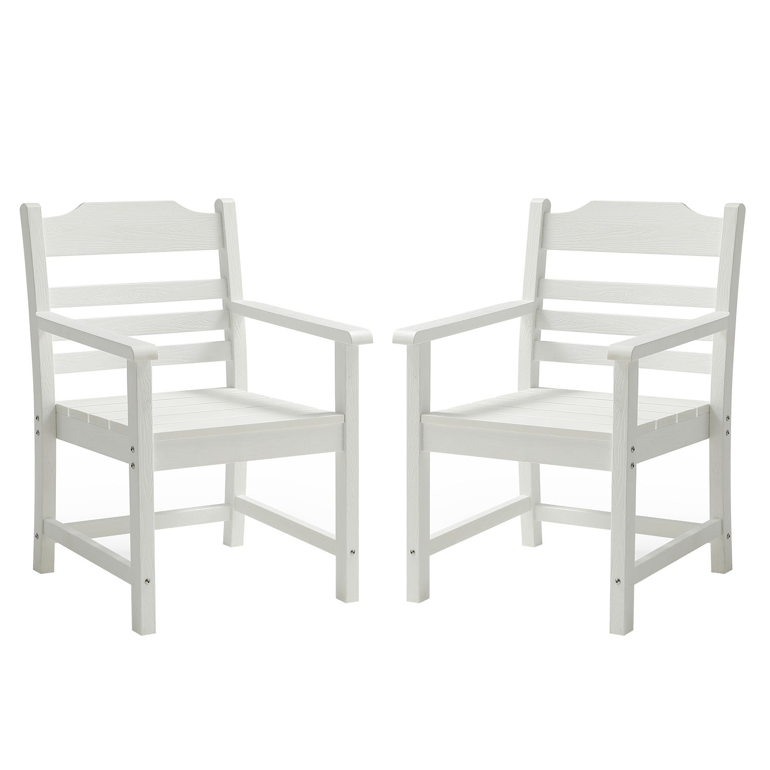 Two white wooden Adirondack chairs with slatted seats and backs