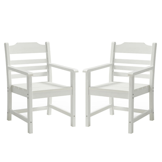 Two white wooden Adirondack chairs with slatted seats and backs