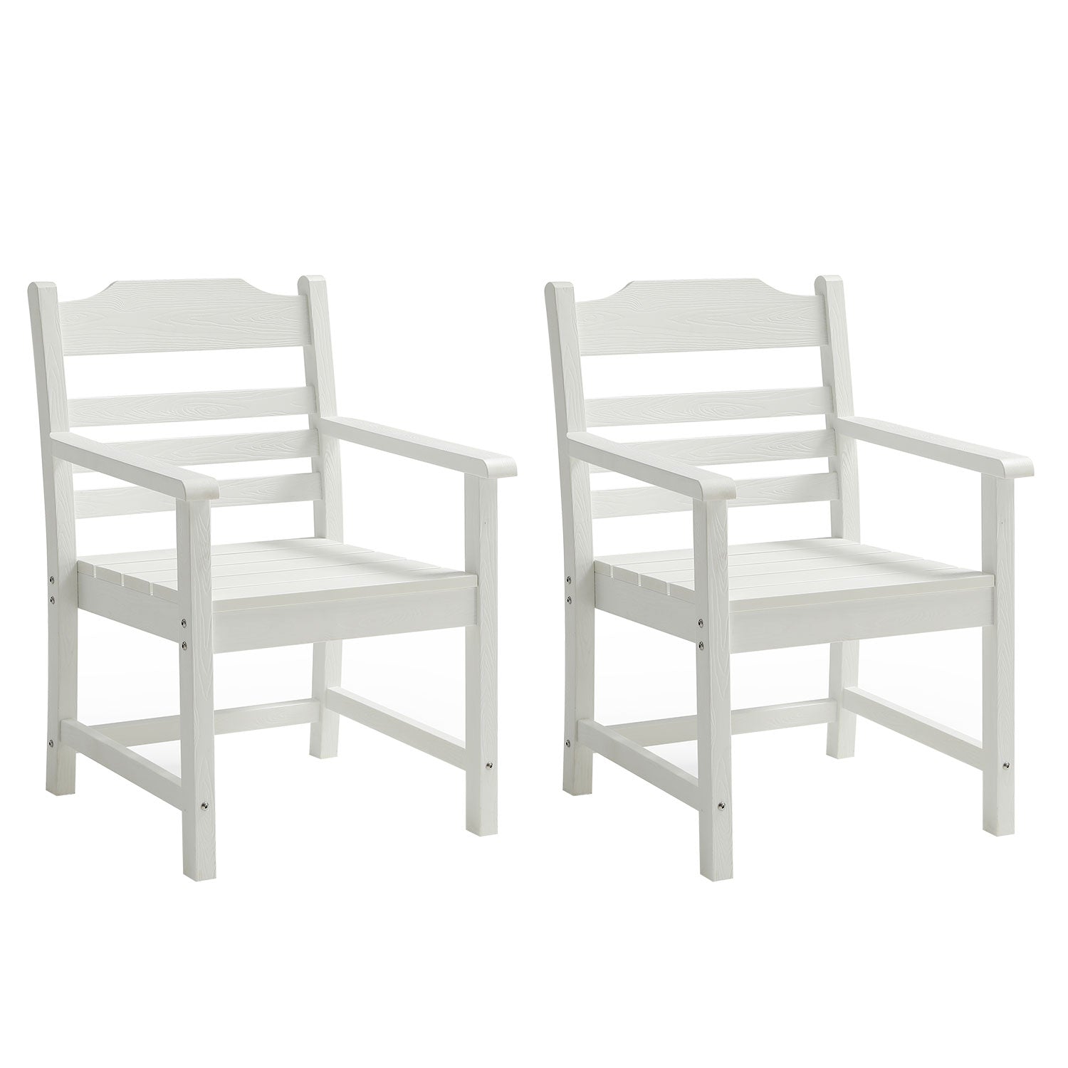 Two white wooden outdoor armchairs with slatted seats and backs