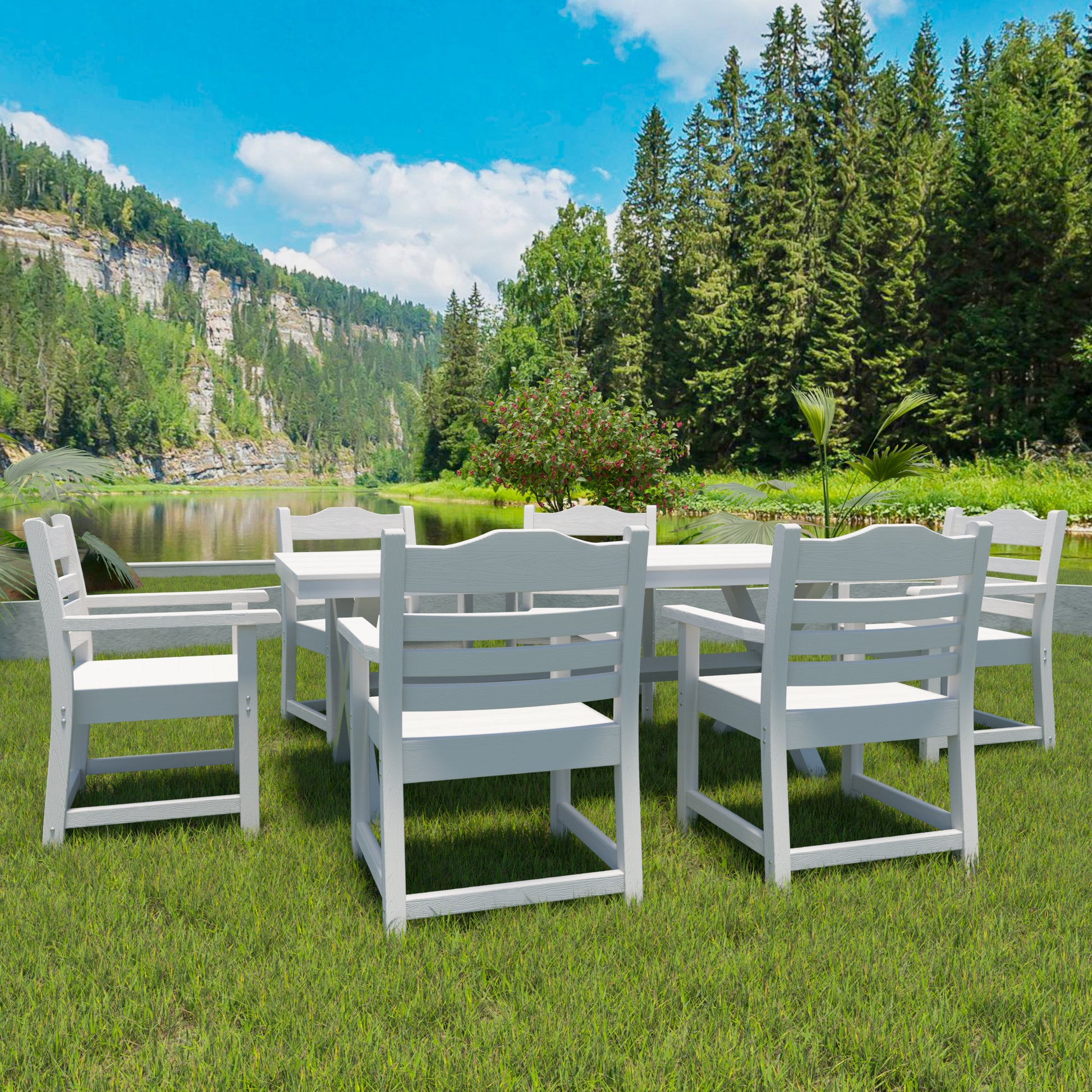 White wooden patio dining set with chairs and table on green grass