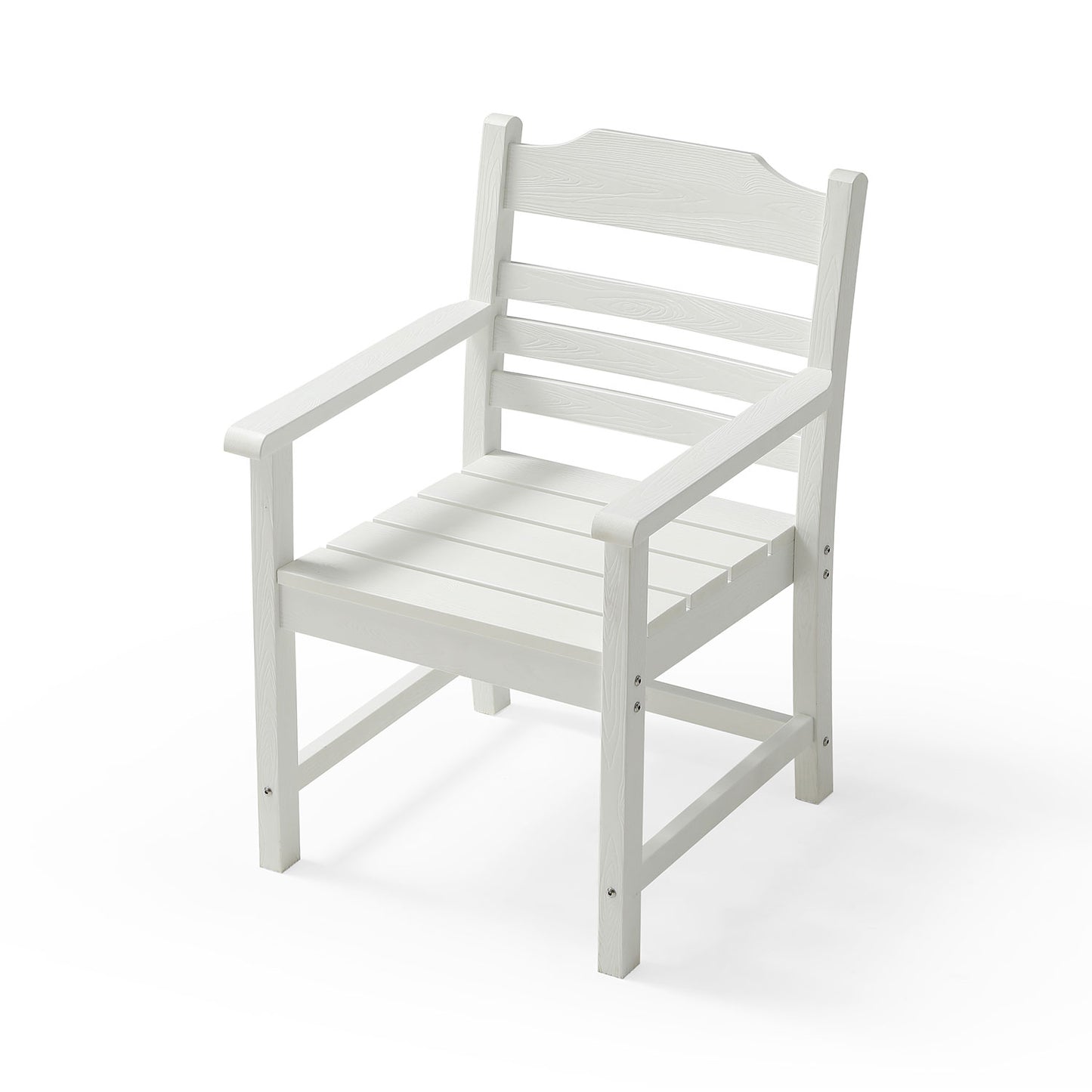 White wooden outdoor chair with slatted seat and backrest