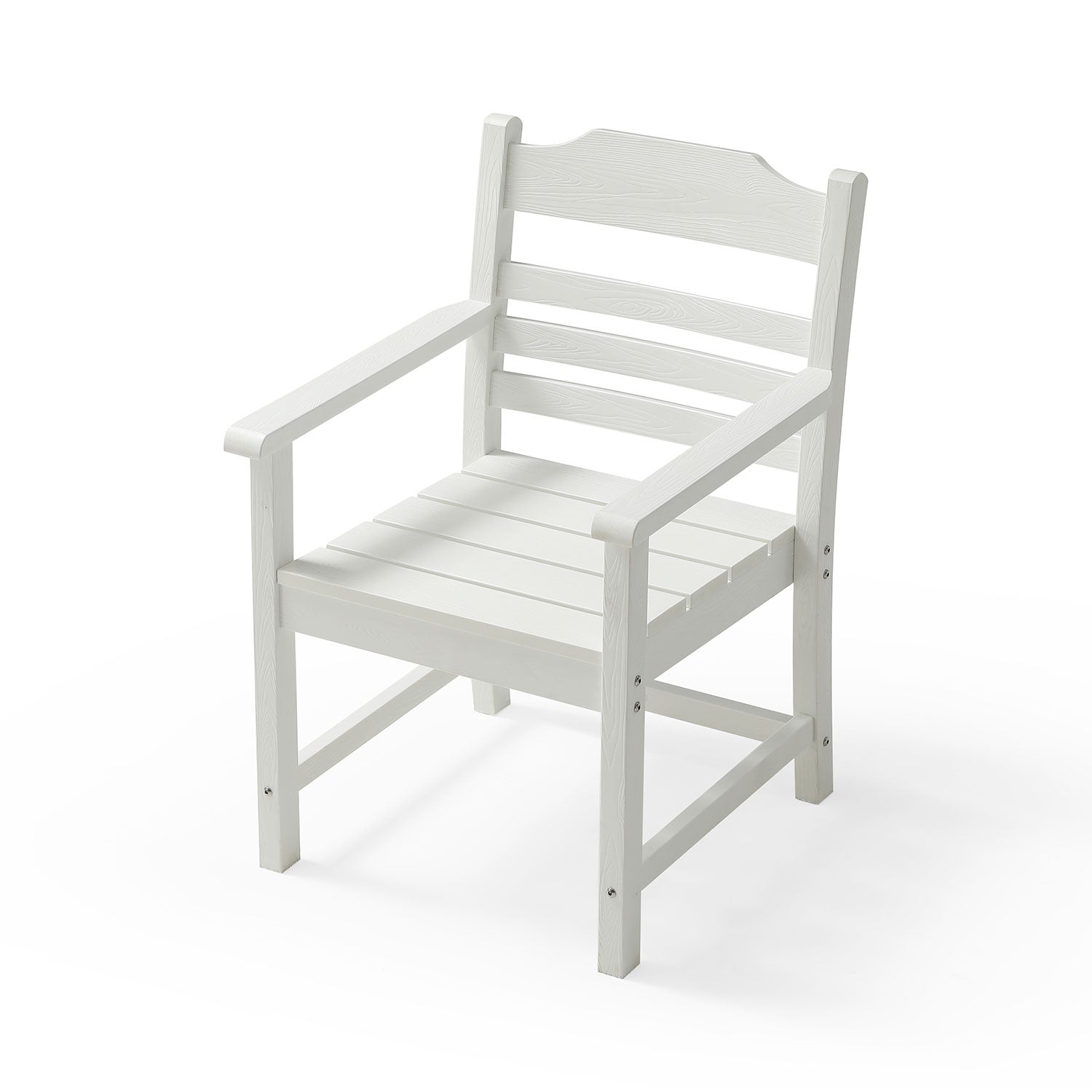 White wooden outdoor chair with slatted seat and backrest
