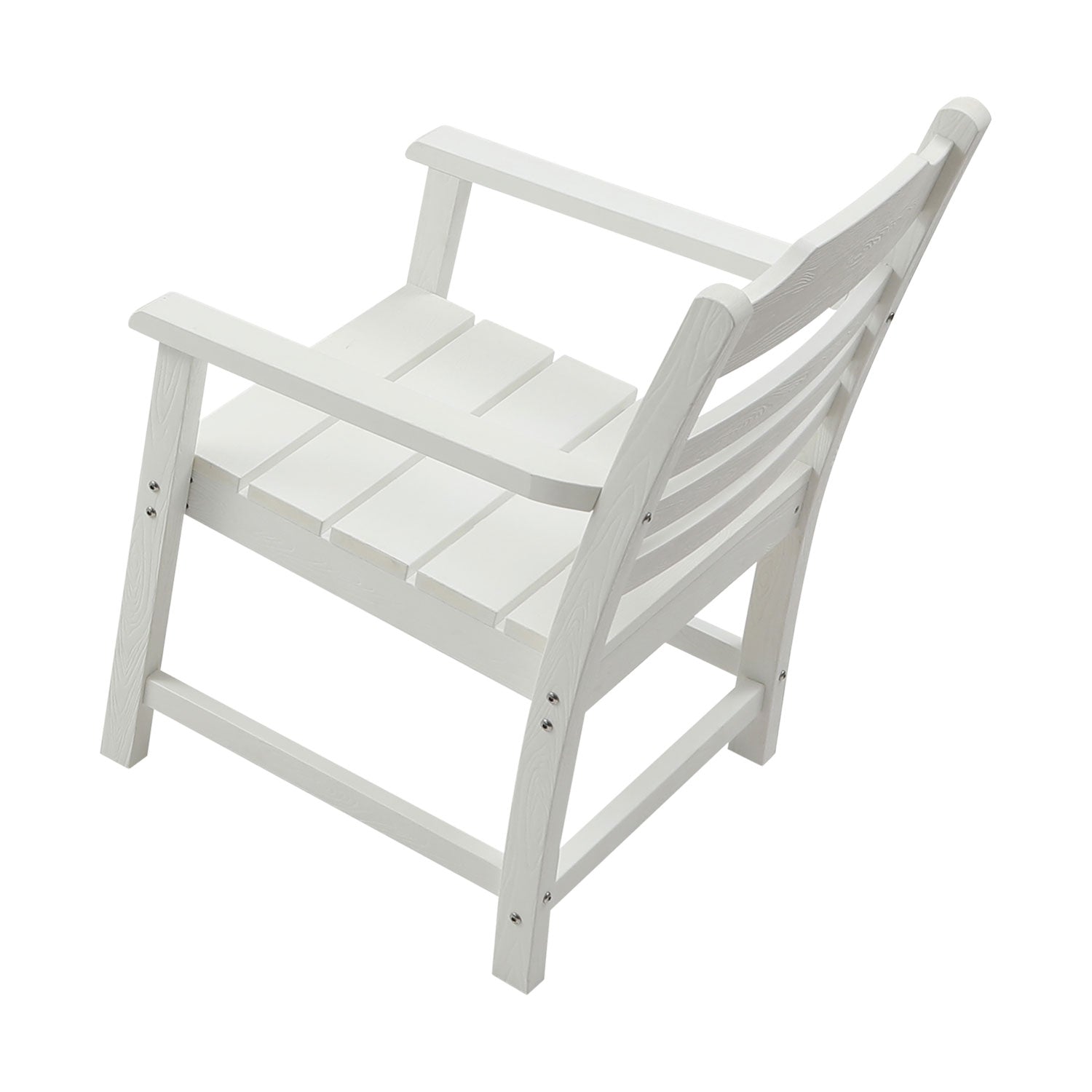 White wooden Adirondack chair with slatted seat and back