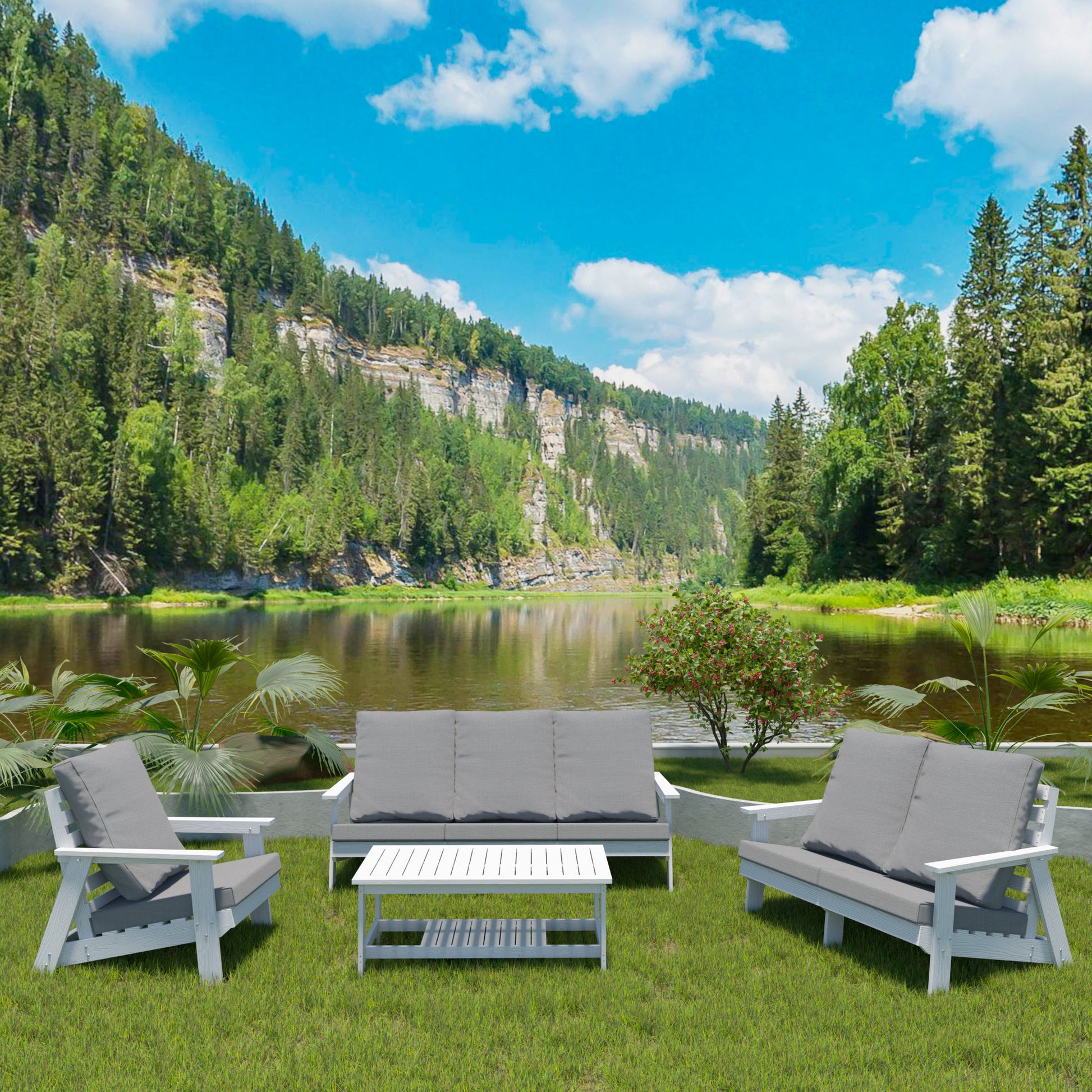 White and grey outdoor patio furniture set with sofa loveseat chair and coffee table