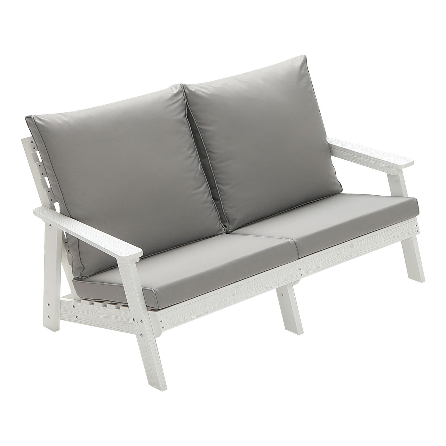 White wooden loveseat with gray cushions for outdoor seating