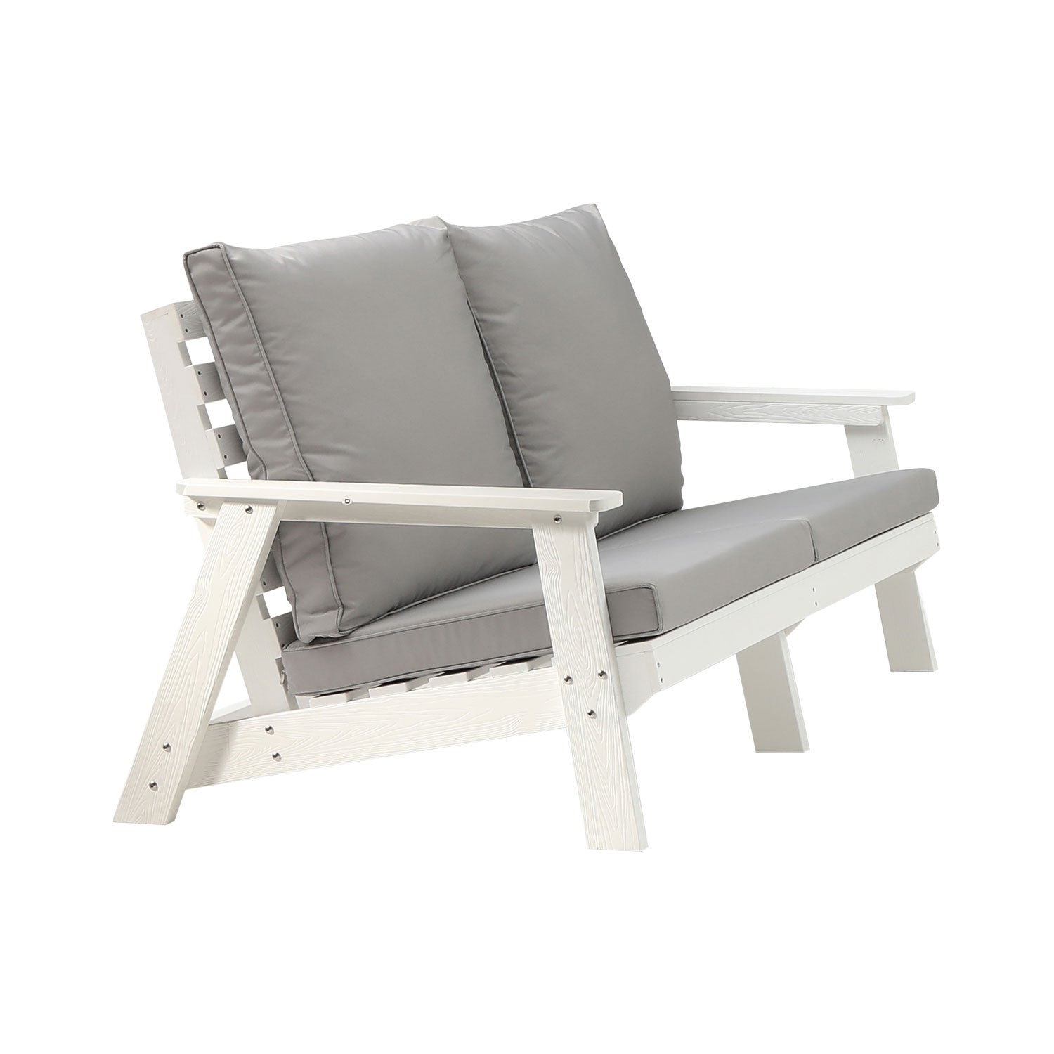 White wooden outdoor loveseat with plush grey cushions and slatted back details