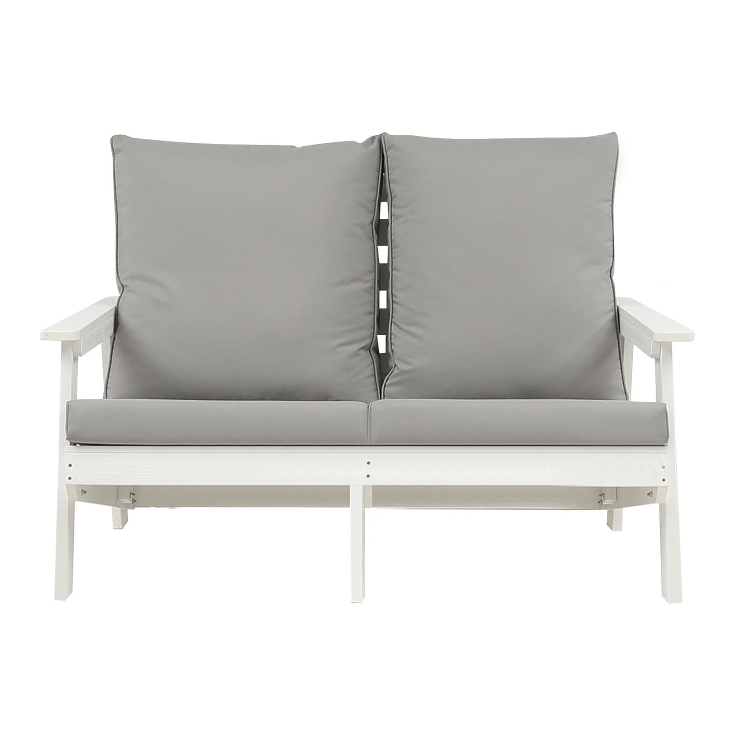 White outdoor loveseat with plush gray cushions perfect for patio seating