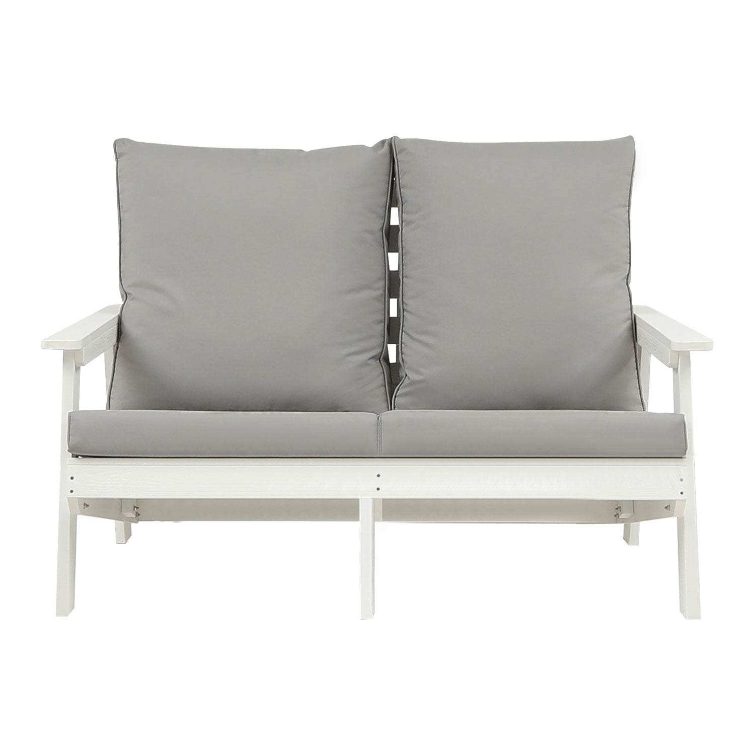 White outdoor loveseat with plush gray cushions perfect for patio seating