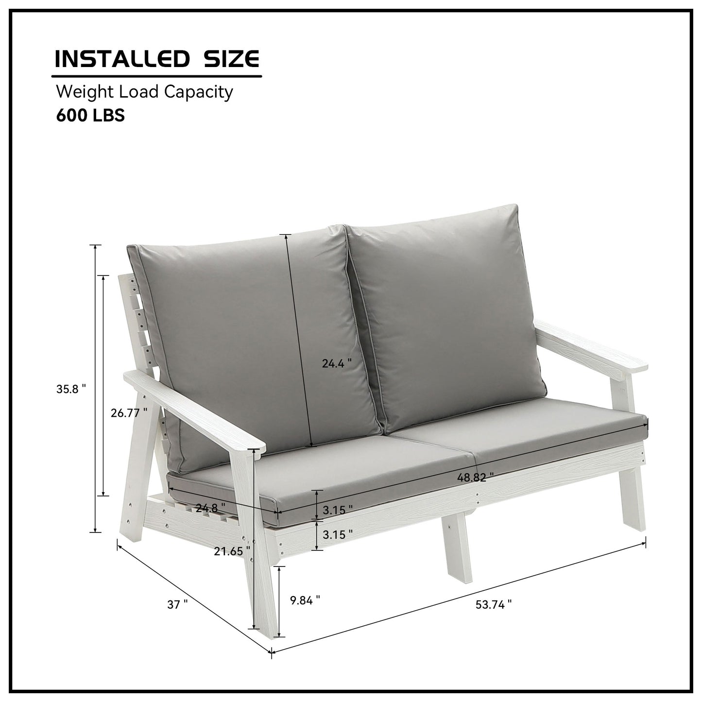 White outdoor loveseat with plush grey cushions and detailed dimensions for its  lbs weight capacity