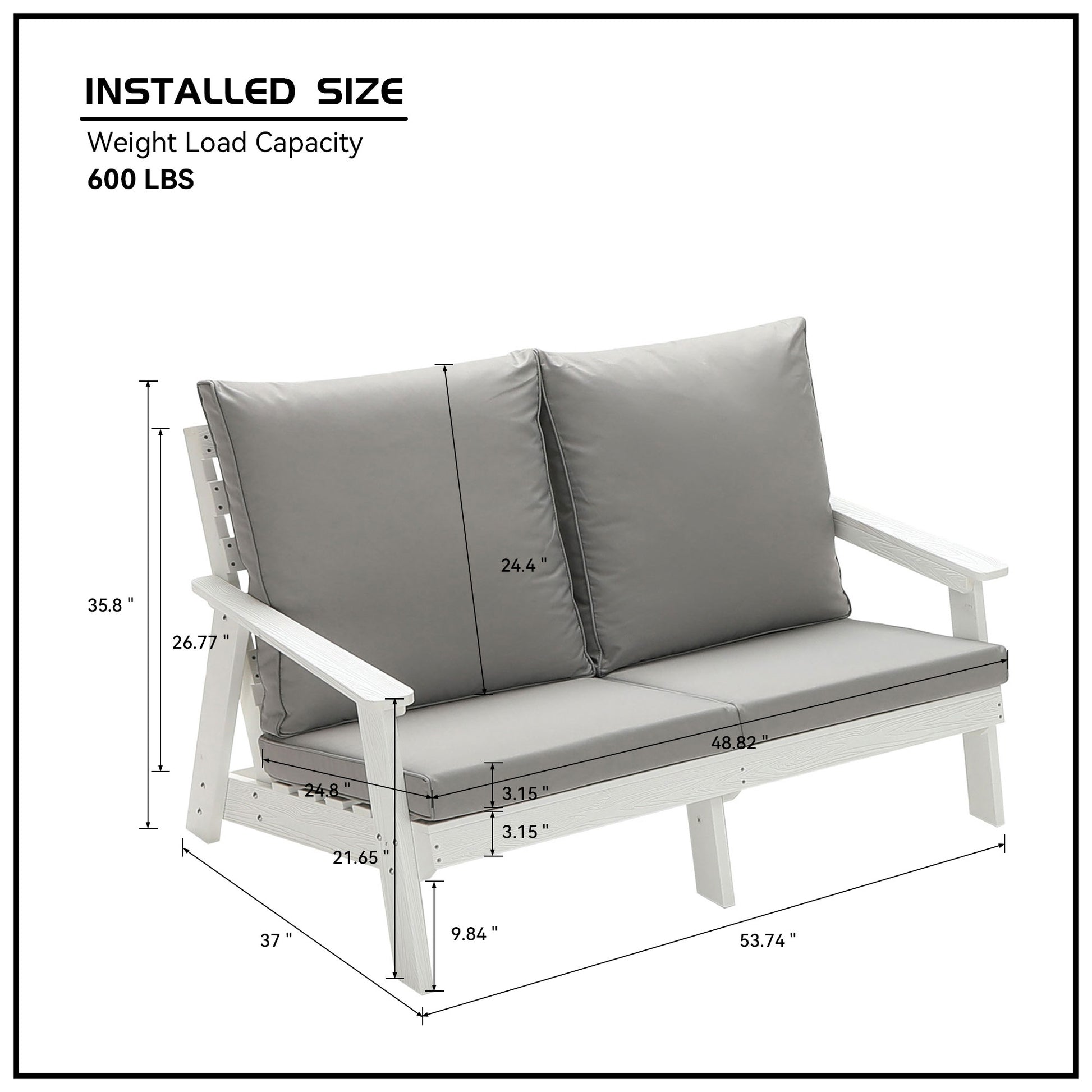 White outdoor loveseat with plush grey cushions and detailed dimensions for its  lbs weight capacity