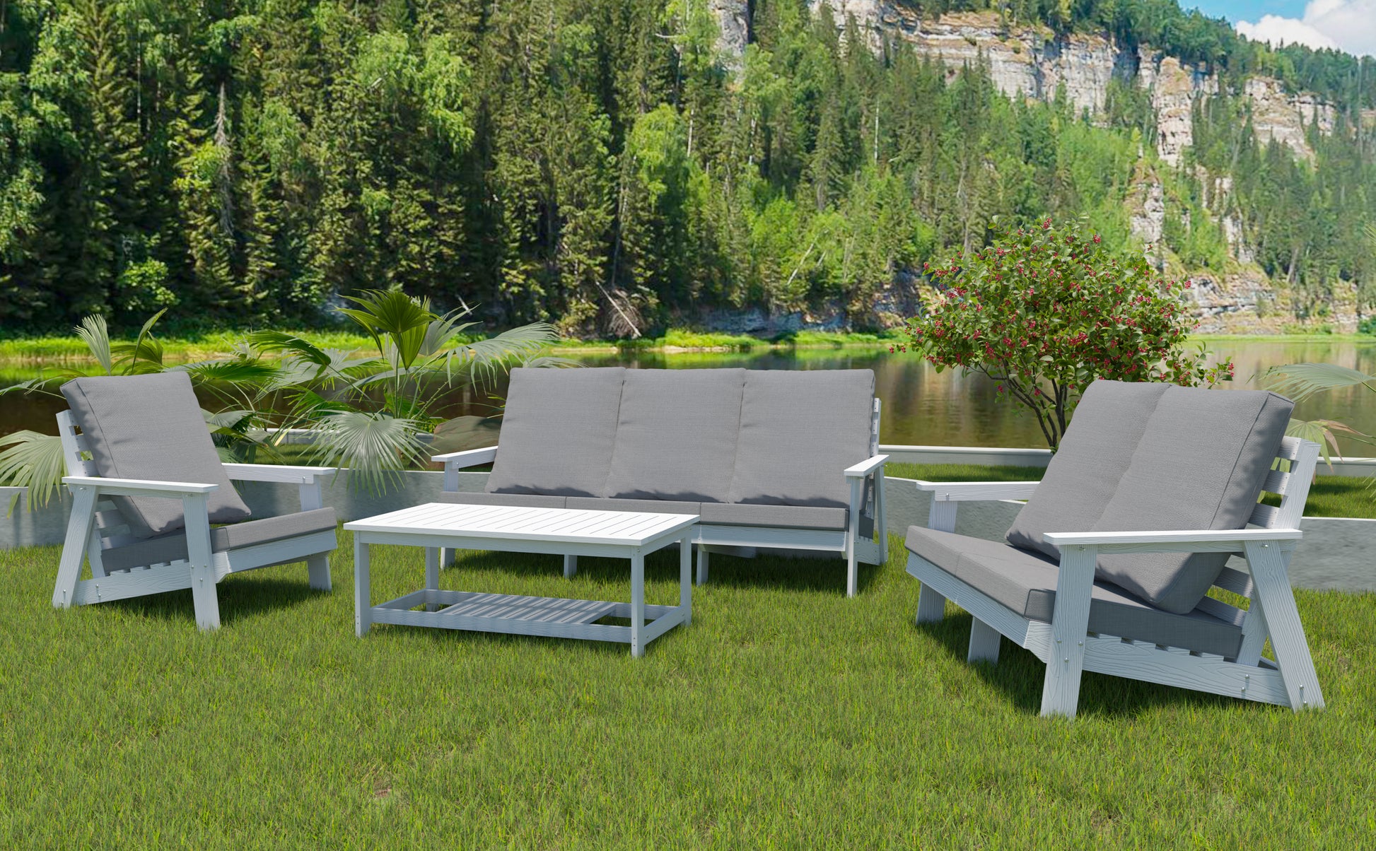 White wooden outdoor sofa with grey cushions perfect for patio seating