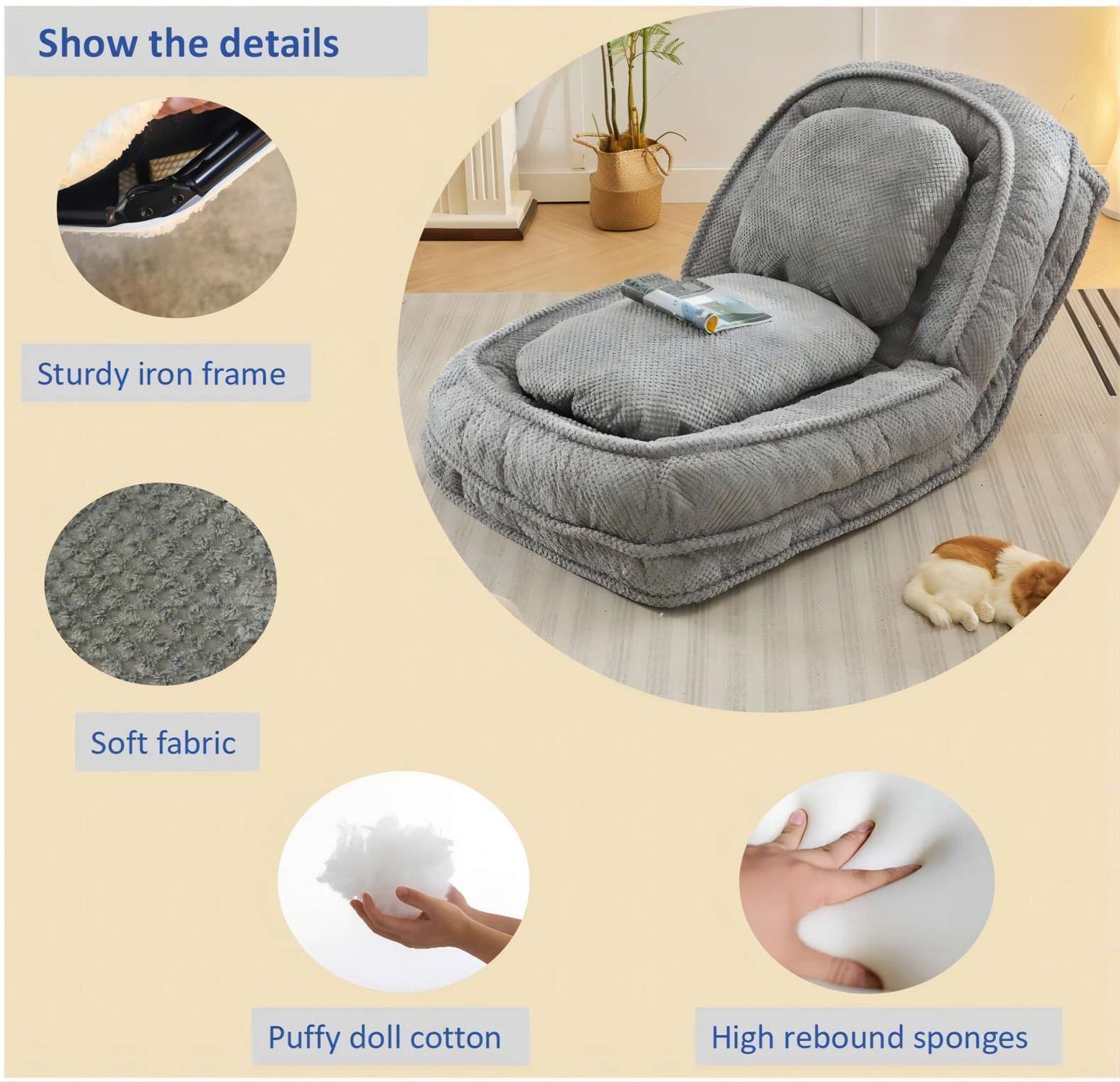 Gray plush floor chair with sturdy iron frame and high rebound sponges for comfort