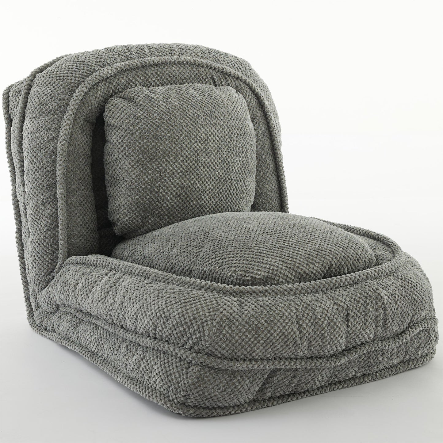 Plush grey fabric floor chair with rounded edges and a removable cushion for comfortable lounging